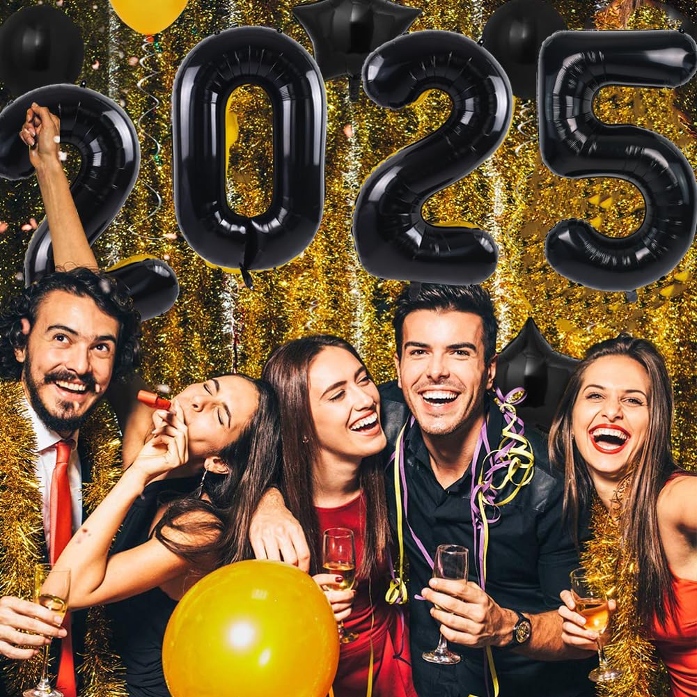 TONIFUL 2025 Happy New Year Balloons - 42 Inch Large Black Foil Number Balloons for New Year's Eve, Christmas, Anniversary & Birthday Parties - Durable Mylar Balloon Decorations for Indoor & Outdoor Celebrations