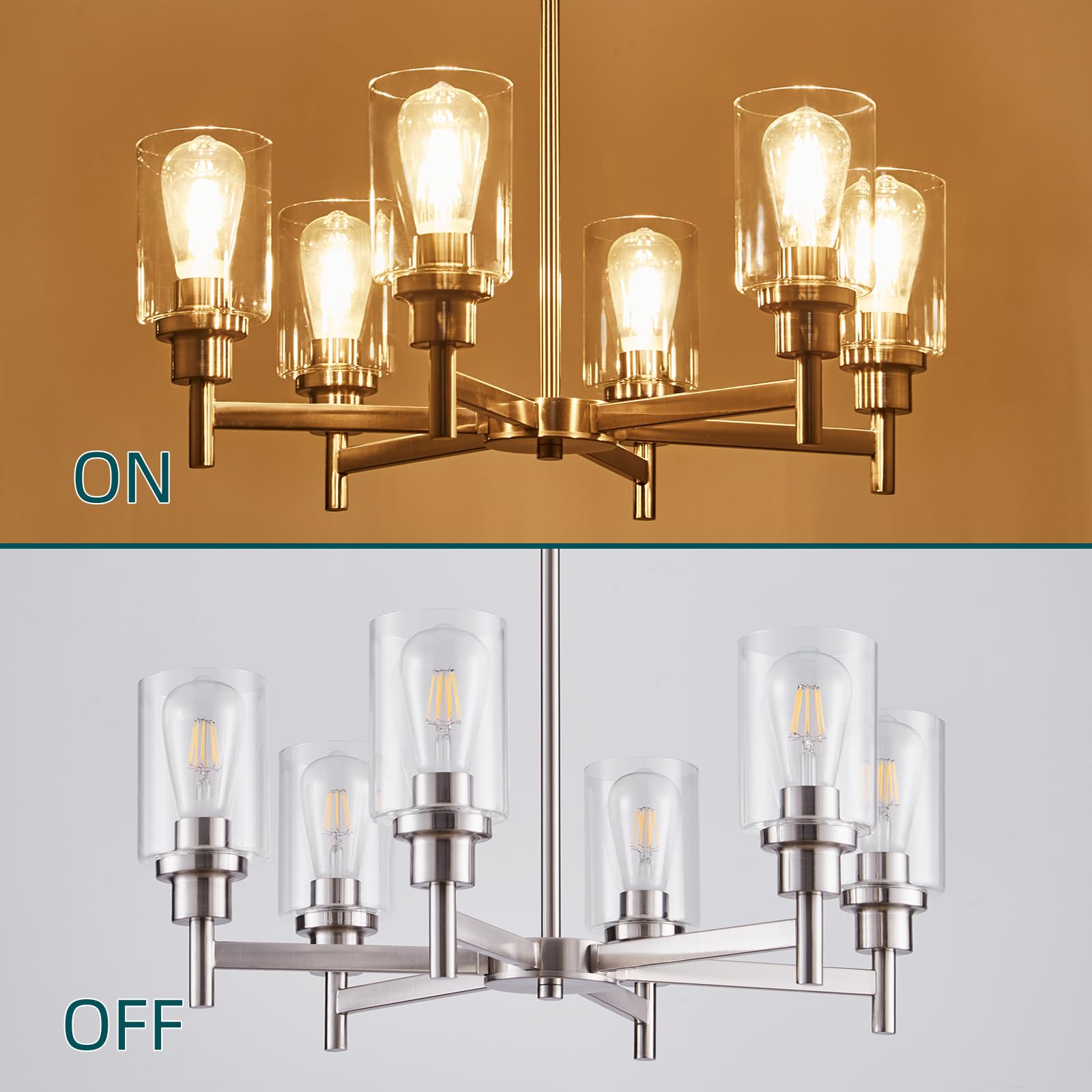 6-Light Brushed Nickel Chandelier - Modern Farmhouse Pendant Lighting with Glass Shade for Dining Room, Kitchen Island, Foyer & Hallway | Elegant Ceiling Fixture for Home Decor & Entertaining