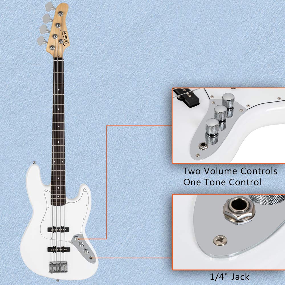 Glarry Gjazz 4-String Electric Bass Guitar Full Size Beginner Kit - Right Handed with Shoulder Strap, Wrench Tool, Power Cable & Gig Bag (White) - Perfect for Practice, Live Performances & Studio Recording