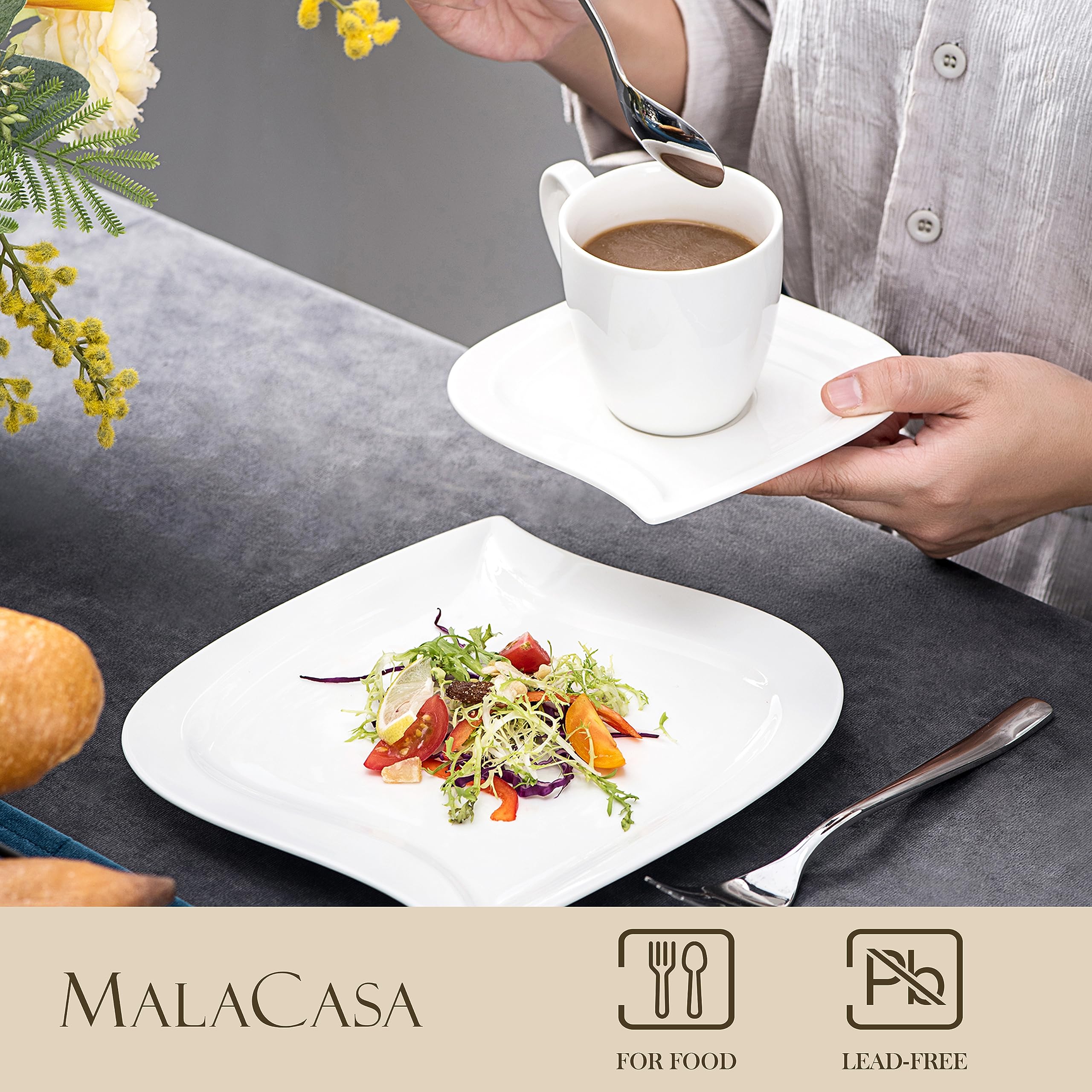 MALACASA 30-Piece Ivory White Porcelain Dinnerware Set for 6 - Plates, Bowls, Cups & Saucers | Microwave Safe Kitchen & Dining Ware (Elvira Series) - Perfect for Family Dinners, Parties & Everyday Use