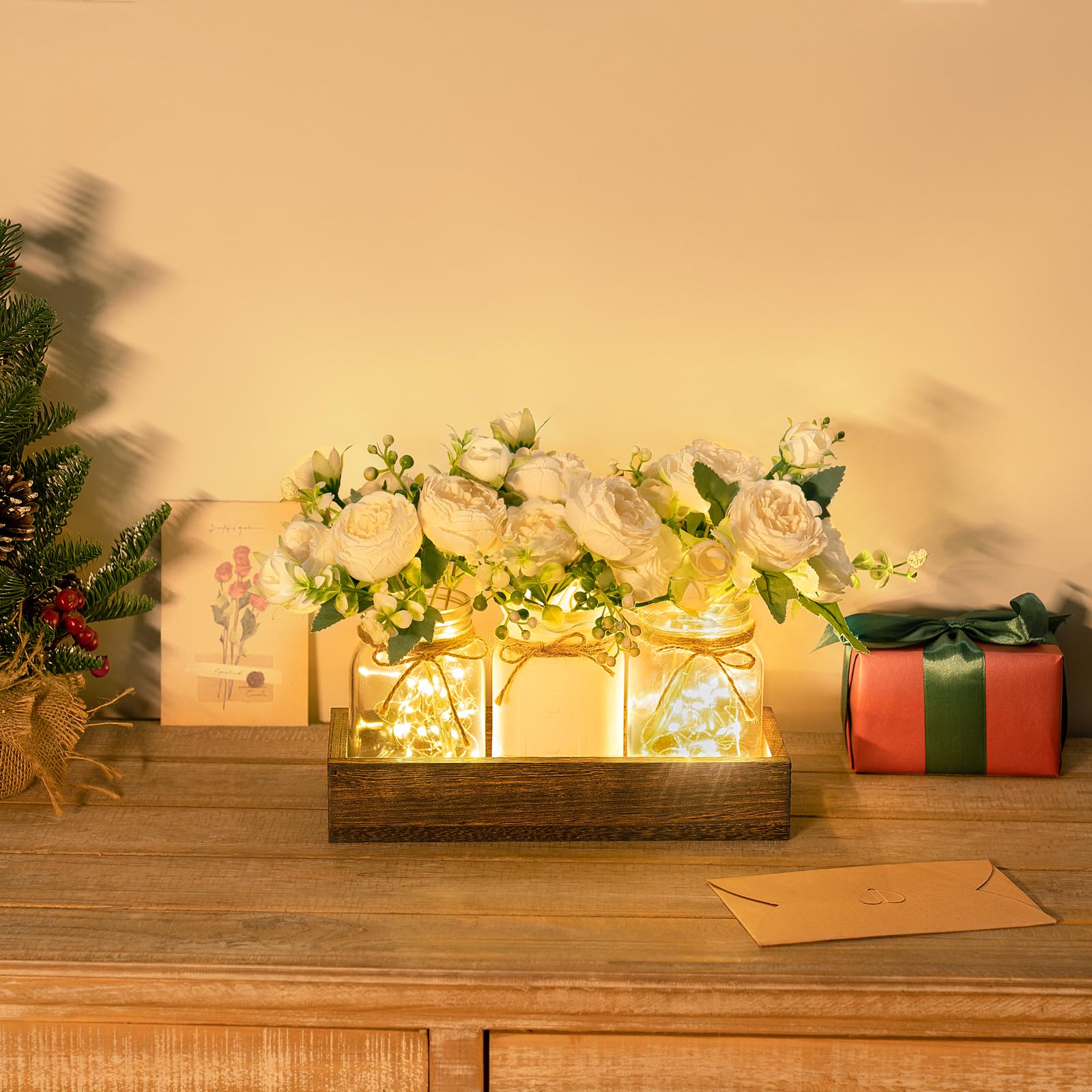 Mkono Farmhouse Mason Jar Lights with Wood Tray - 3 Jars Floral Centerpiece for Dining Table, Kitchen, Living Room Decor | Rustic Wedding, Spring Party & Home Decoration
