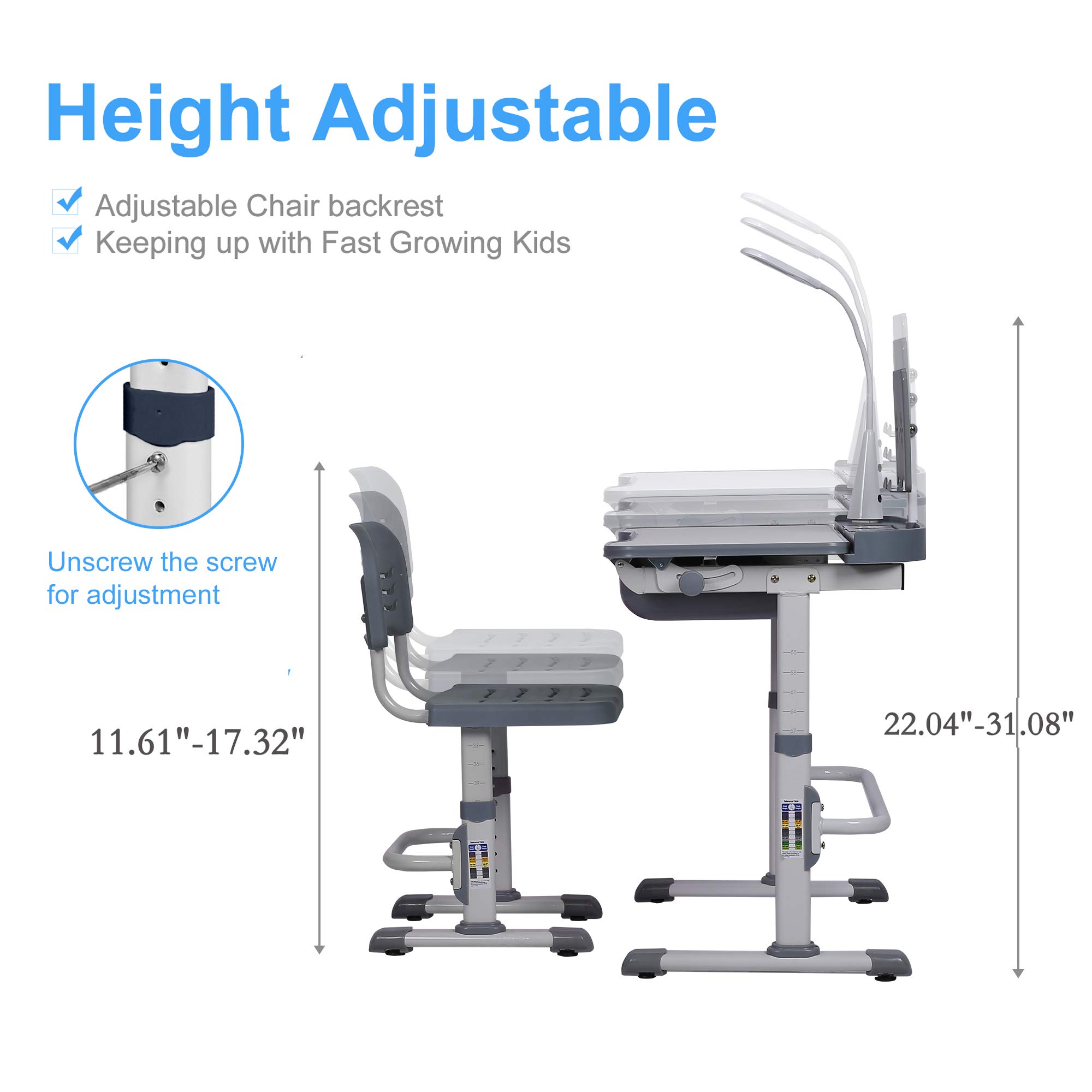 Adjustable Kids Desk and Chair Set with LED Light & Storage Drawer - Ergonomic Study Table for Children, Tilt Desktop & Book Stand - Perfect for Homework, Reading & Online Learning (Grey)