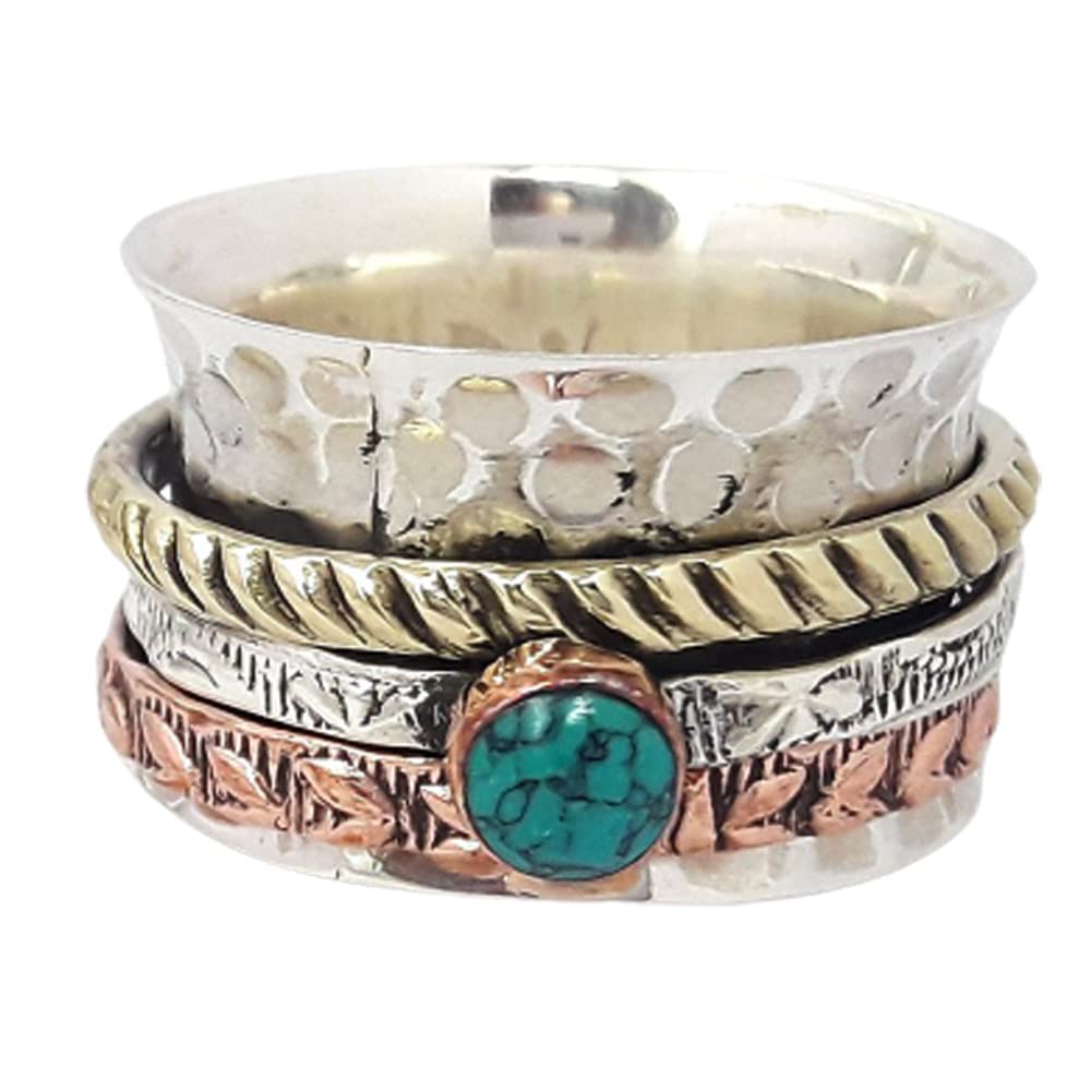 925 Sterling Silver Turquoise Spinner Ring - Handmade Hammered Meditation & Anti-Anxiety Jewelry for Stress Relief | Boho Chic Gemstone Ring for Women, Men | Perfect for Yoga, Mindfulness & Everyday Wear