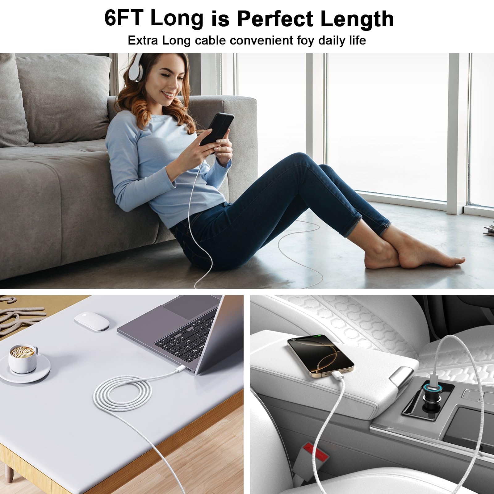 MFi Certified iPhone 16 Charger 6FT 2-Pack - 60W USB C to USB C Fast Charging Cable for iPhone 16/16 Plus/16 Pro/16 Pro Max/15 Series, iPad Pro/Air/Mini, Samsung Galaxy - Perfect for Home, Office & Travel (White)