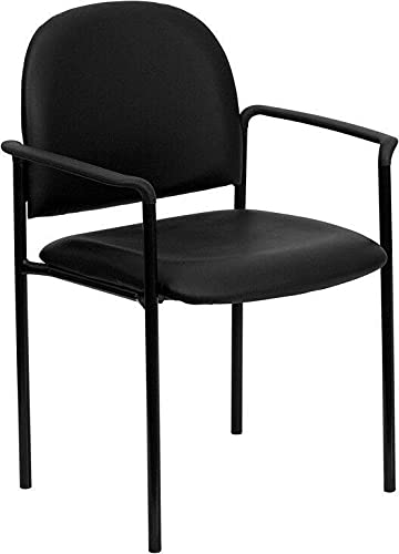 Black Vinyl Stackable Steel Side Reception Chair with Arms - Office Chair, Desk Chair, Computer Chair, Folding Chair for Home & Office - No Wheels, Durable & Comfortable - Perfect for Reception Areas, Conference Rooms, and Home Workspaces