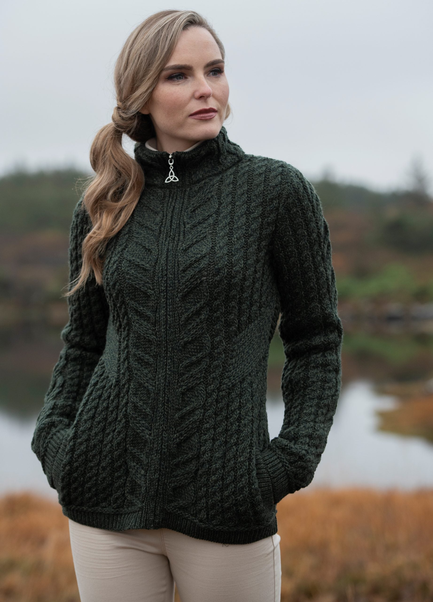 Aran Zip Cardigan for Women - Cozy Knit Sweater with Side Detail [3 Colors] | Perfect for Fall & Winter Outfits, Casual Wear & Layering