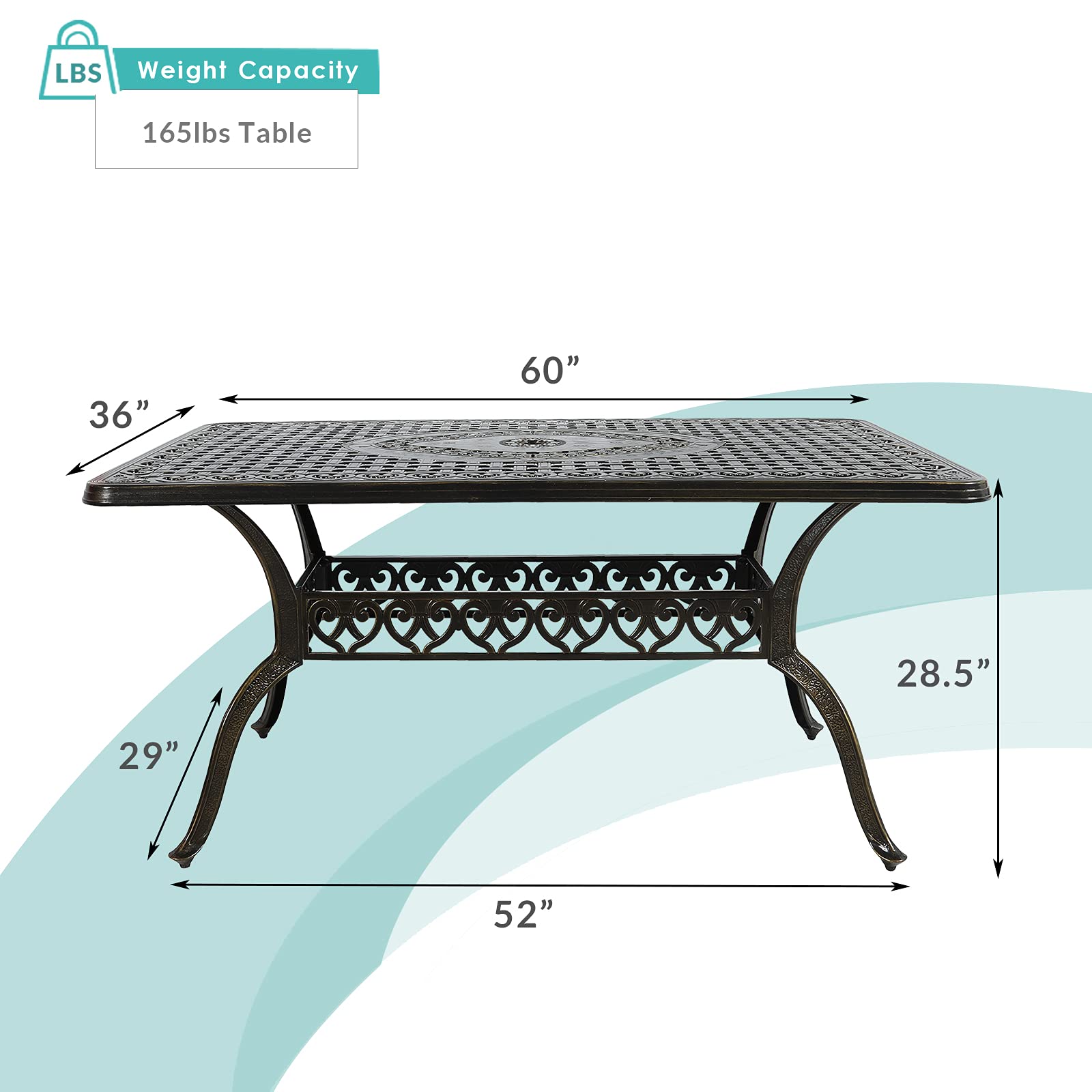 MEETWARM 60-Inch Outdoor Rectangular Dining Table - All-Weather Cast Aluminum Patio Furniture with 2-Inch Umbrella Hole in Dark Bronze - Perfect for Backyard BBQs, Poolside Gatherings & Garden Dining