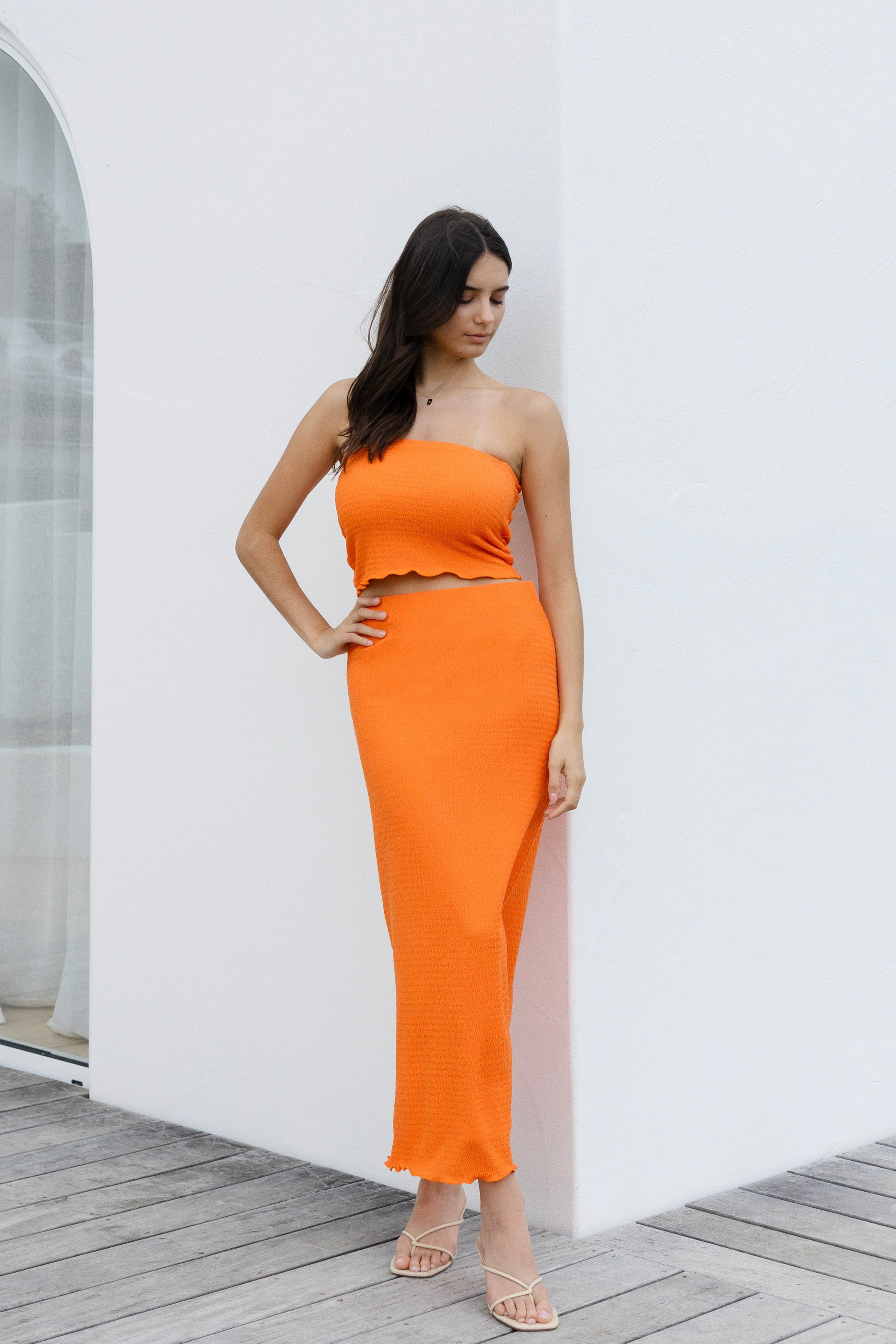 Beacon Orange Zigzag Knit Tube Skirt - Women's Stretchy Bodycon Midi Skirt for Casual Wear & Night Out