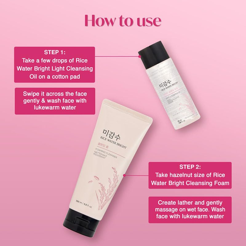 The Face Shop 2 Step Rice Water Bright Kit - Foaming Face Wash 100ml & Cleansing Oil 55ml for Glowing Skin | Korean Skincare Set for Dullness, Dark Spots | Perfect for Morning & Night Routine