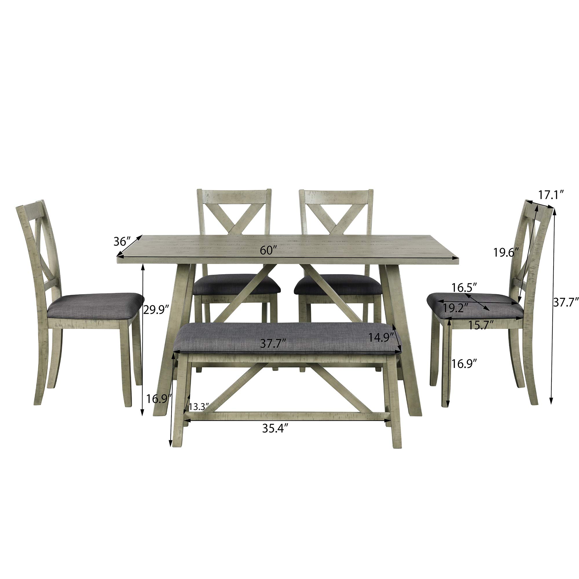 Vintage Style 6-Piece Dining Table Set with 4 Padded Chairs & Bench - Retro Kitchen & Dining Room Furniture for Small Spaces | Perfect for Family Meals, Entertaining & Cozy Breakfast Nooks