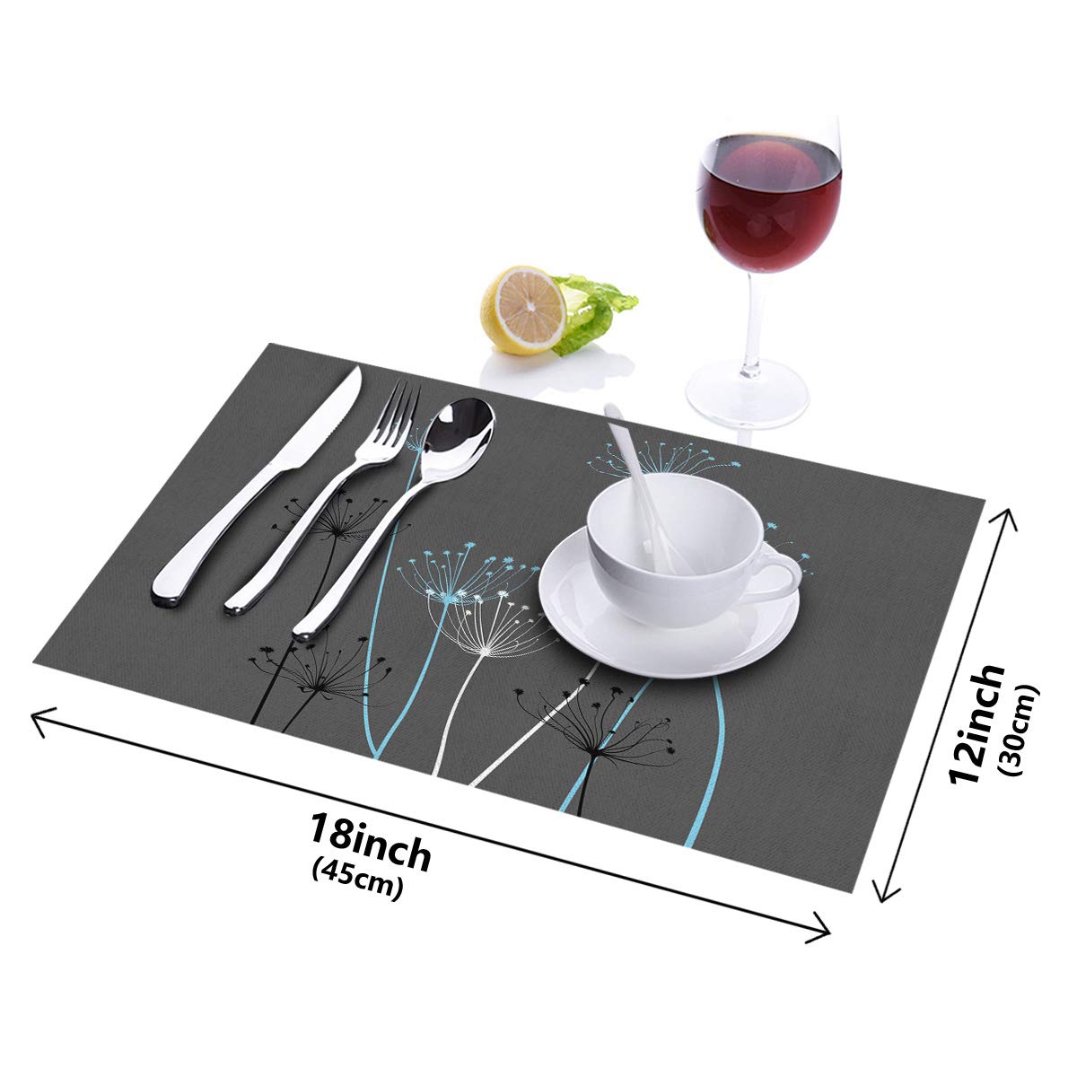 Eco-Friendly Linen Burlap Placemats Set of 4 - Thistle Dandelion Design Washable Table Mats for Kitchen & Dining Room, Protects Tables from Spills & Stains (Grey) | Perfect for Everyday Meals, Dinner Parties & Home Decor