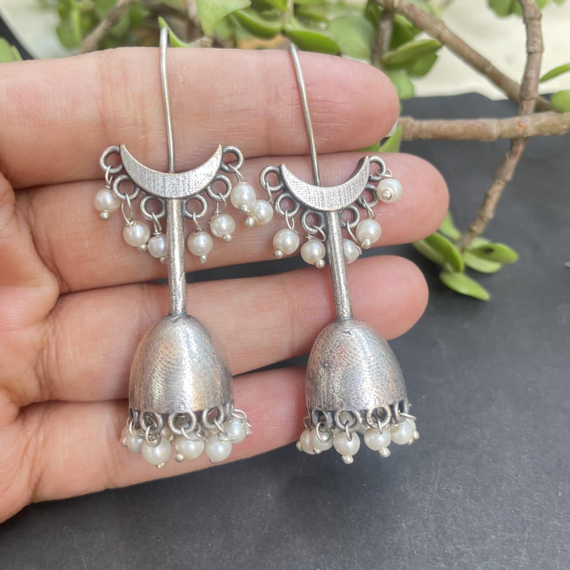 Traditional Silver Oxidized Bell-Shaped Jhumka Earrings for Women & Girls | Ethnic Pearl Tribal Jewelry | Perfect for Weddings, Parties & Cultural Events