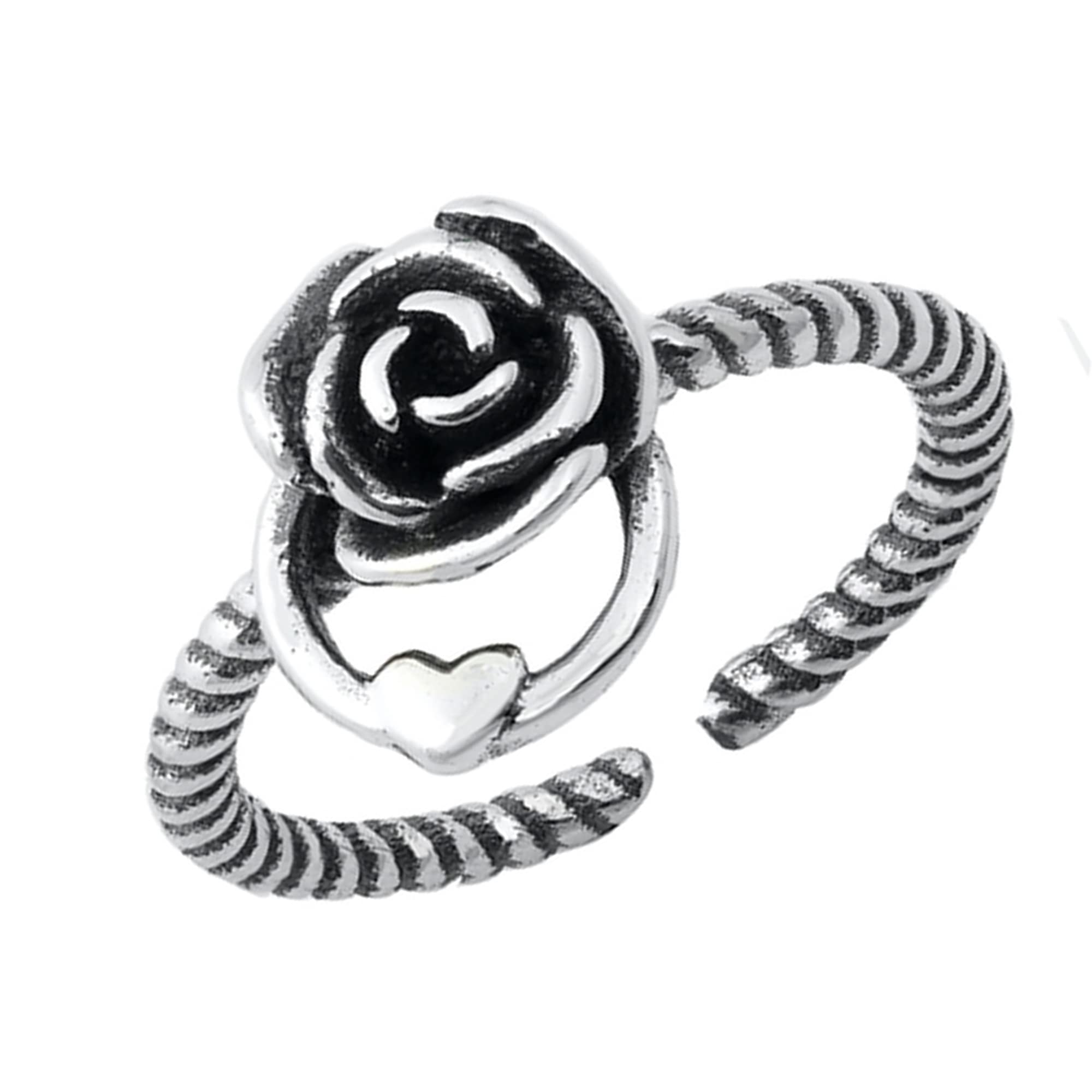 925 Sterling Silver Oxidized Rose & Heart Adjustable Toe Rings for Women - Boho Chic Foot Jewelry - Perfect for Beach, Summer & Pedicure Days
