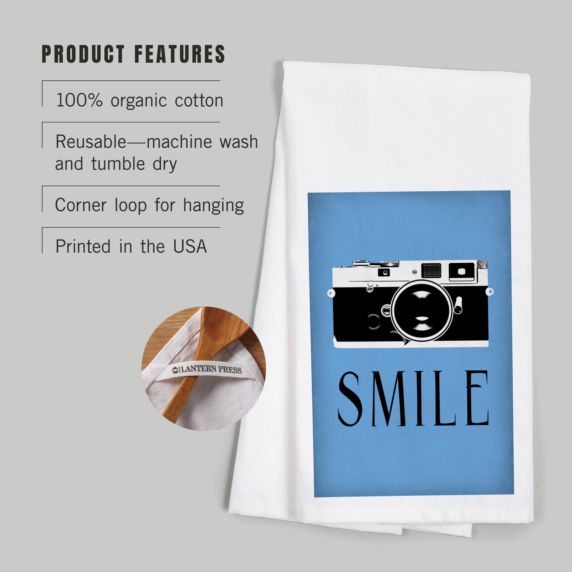 Lantern Press Smile Camera 100% Cotton Tea Towel - Decorative Kitchen Hand Towel for Home Decor, Dish Drying & Gift Giving
