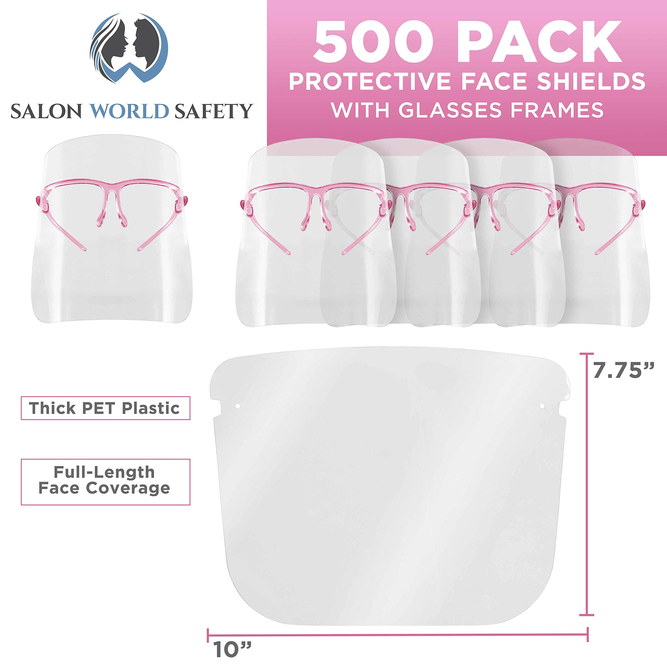 TCP Global Salon World Safety Face Shields with Pink Glasses Frames (500-Pack) - Clear Full Face Protection for Eyes, Nose & Mouth - Anti-Fog PET Plastic Shields - Ideal for Salons, Healthcare & Industrial Use