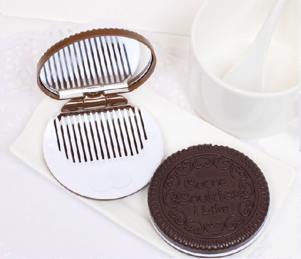 Yueton 2-Pack Mini Pocket Mirror with Comb - Compact Chocolate Cookie Design for Makeup, Travel & Purse Accessories