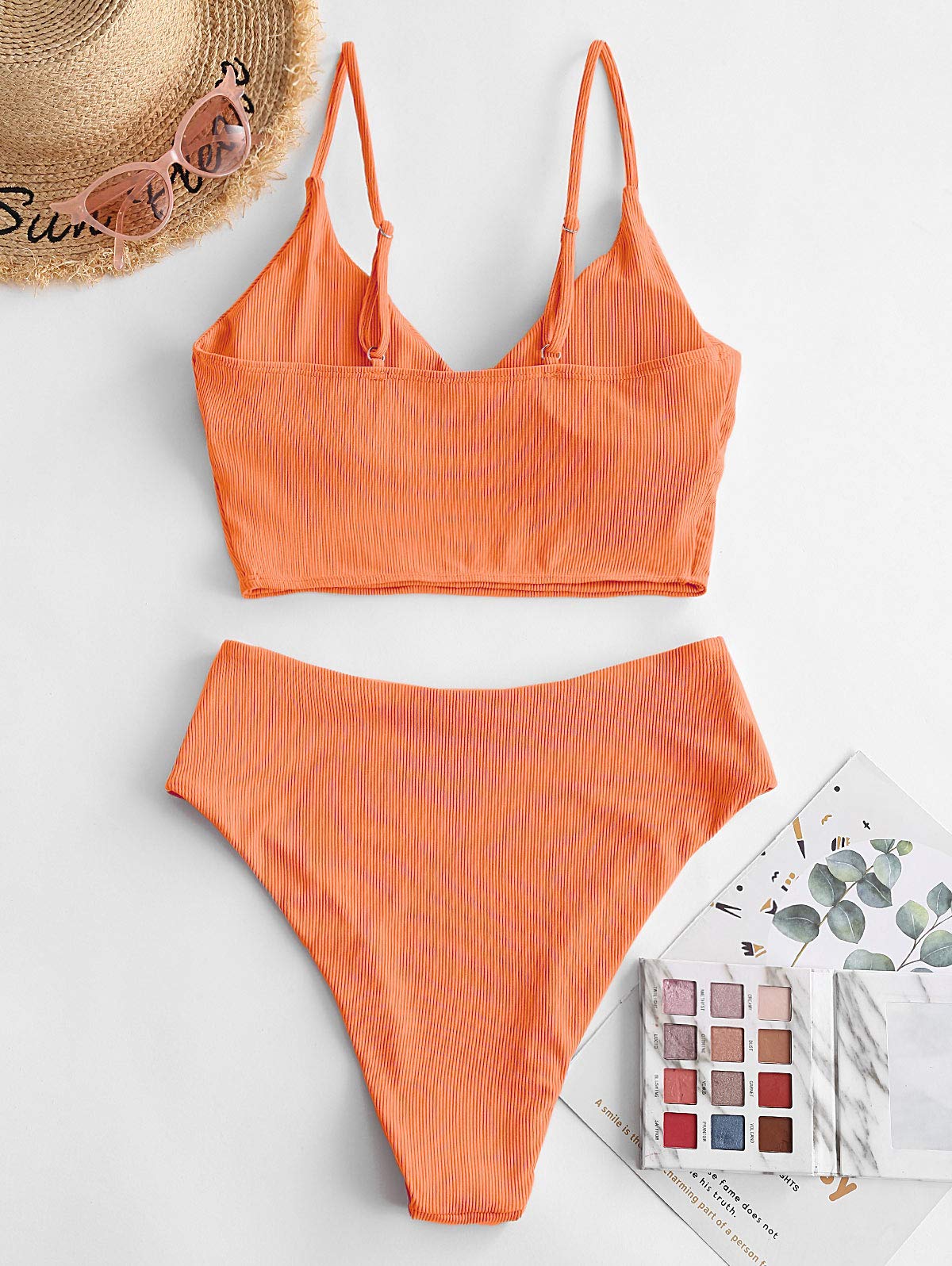 ZAFUL Women's Ribbed High Cut Surplice Tankini Swimsuit Set with Spaghetti Straps - Sexy Two Piece Bathing Suit for Beach, Pool & Summer Vacation