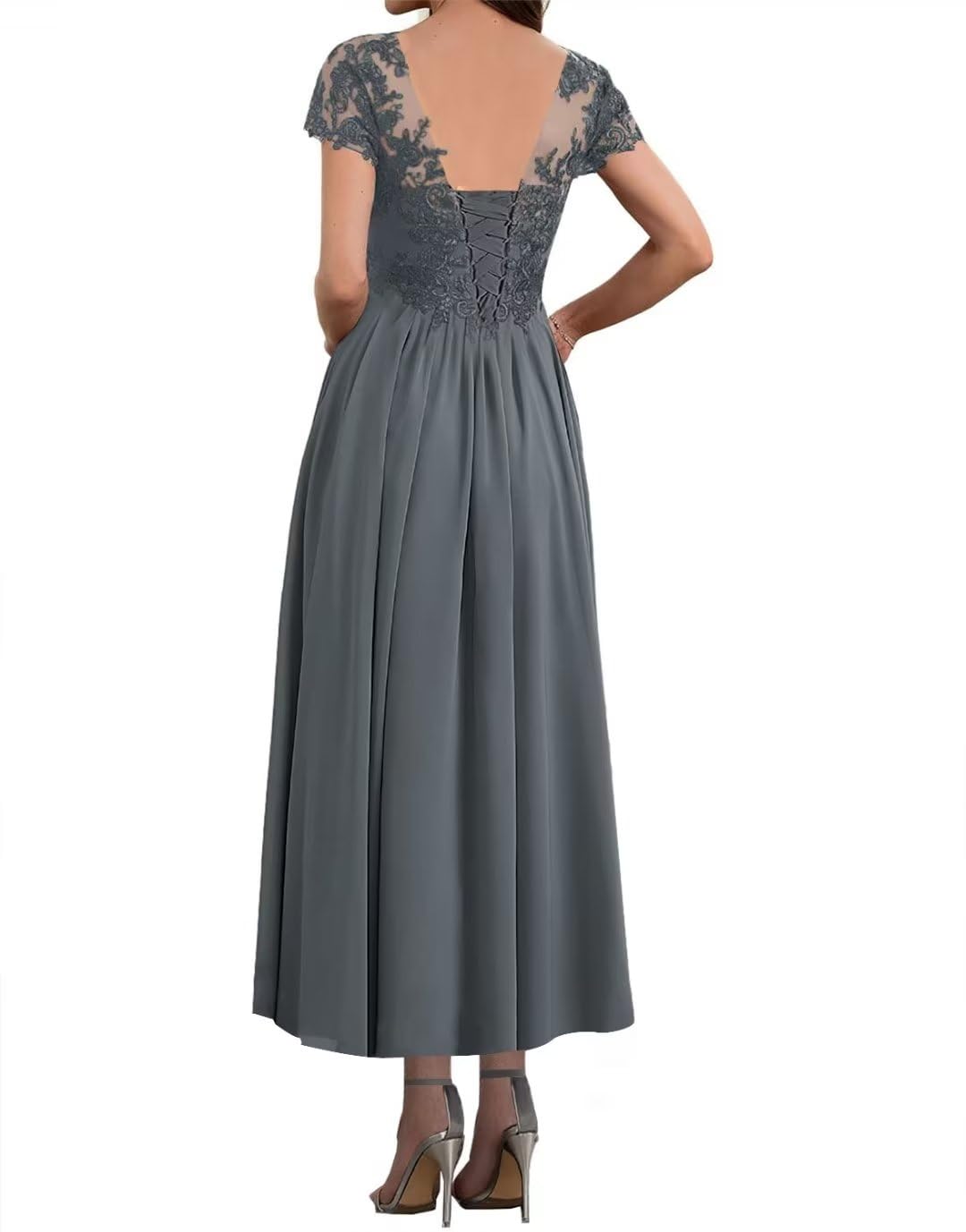 Elegant Mother of The Bride Dresses - Tea Length Wedding Gown with Lace Appliques, Chiffon Fabric, Short Sleeve & V-Neck for Formal Evening Events | Perfect for Weddings, Receptions, and Special Occasions