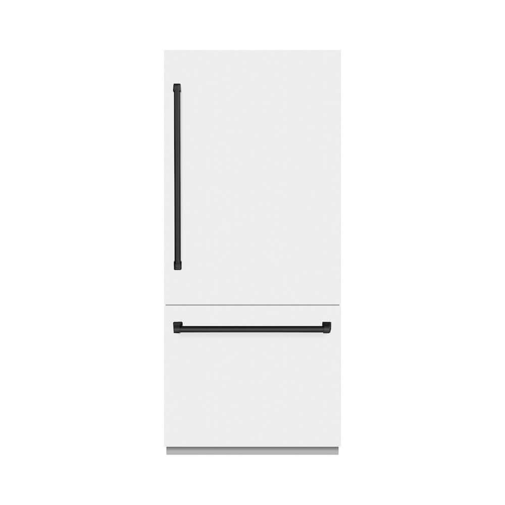 ZLINE Autograph Edition 36 Inch Built-In Bottom Freezer Refrigerator - 19.8 cu.ft Capacity, Water Dispenser & Ice Maker - White Matte with Matte Black Accents (RBITZ WM 36 MB) - Perfect for Modern Kitchens, Open-Concept Homes & Luxury Appliances Collection