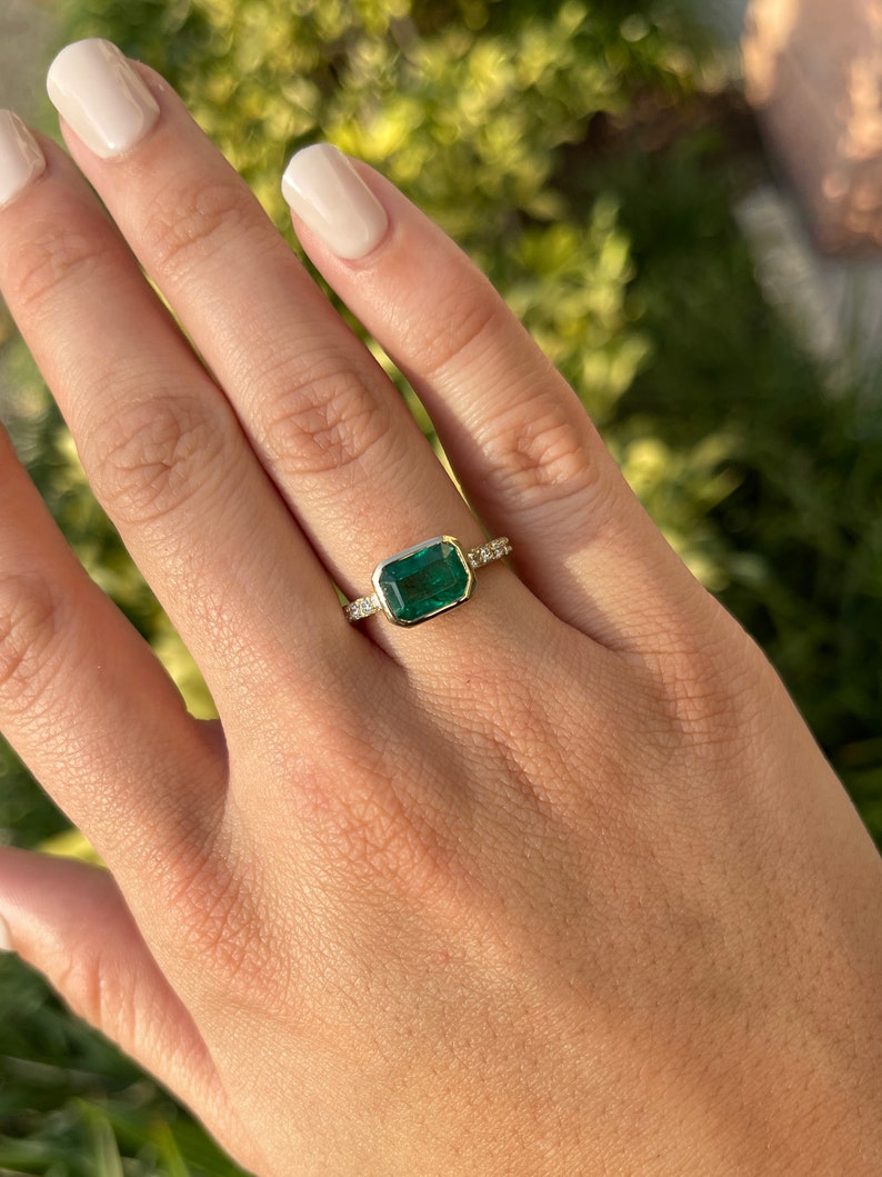 2.62tcw 14K Gold Natural Emerald Cut East West Bezel Set Diamond Engagement Ring for Women - Perfect for Wedding, Anniversary & Special Occasions