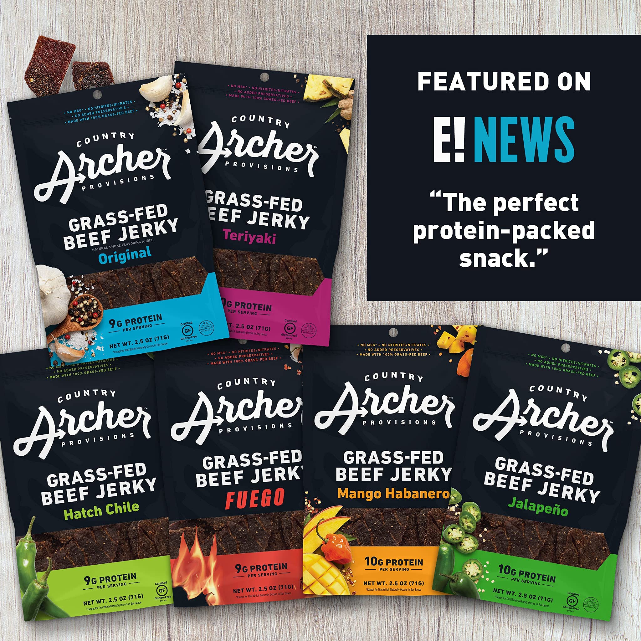 Country Archer Grass-Fed Beef Jerky Variety Pack - 3 Pack of 2.5oz Premium Beef Jerky Snacks with Original, Mango Habanero & Teriyaki Flavors | High Protein Keto-Friendly Snack for Hiking, Camping & Office | Gluten-Free Natural Meat Jerky