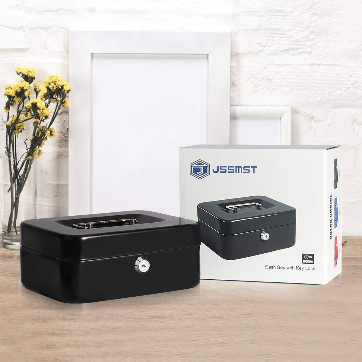 Jssmst Medium Steel Cash Box with Money Tray - Secure Lock Box for Home & Office Use - Black - Perfect for Small Business, Retail Stores, and Personal Savings