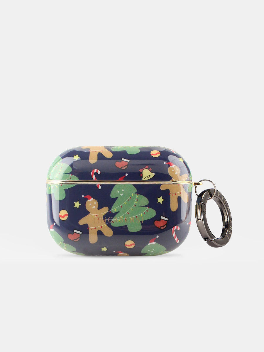 Christmas Gingerbread Man & Tree Pattern AirPods Case - Navy Blue Protective Cover for AirPods 1/2/3, Perfect Holiday Gift & Winter Accessory