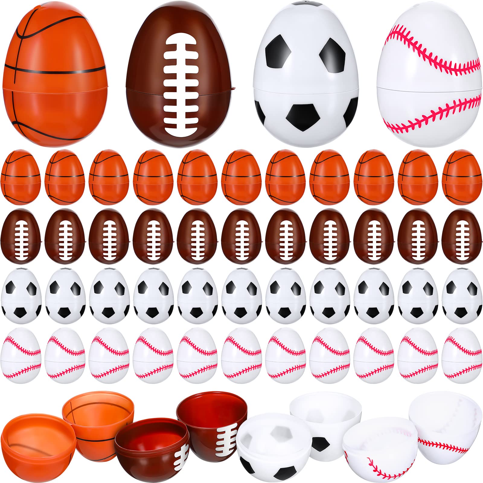 Assorted Plastic Sports Easter Eggs - Empty Soccer, Football, Baseball & Basketball Shaped Eggs for Easter Egg Hunt, Candy Stuffers - Perfect for Kids' Easter Parties & Outdoor Sports-Themed Events
