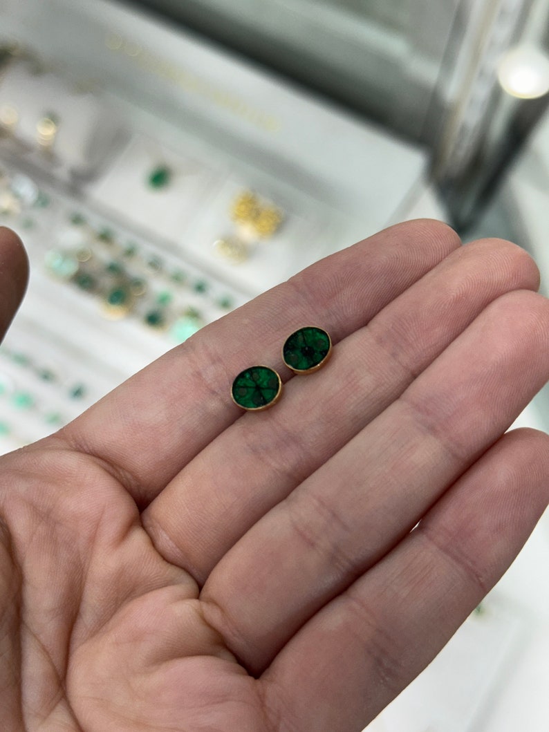 3.0tcw 18K Gold Natural Rich Dark Green Colombian Emerald Oval Trapiche Slice Stud Earrings for Women – Perfect for Weddings, Parties & Special Occasions