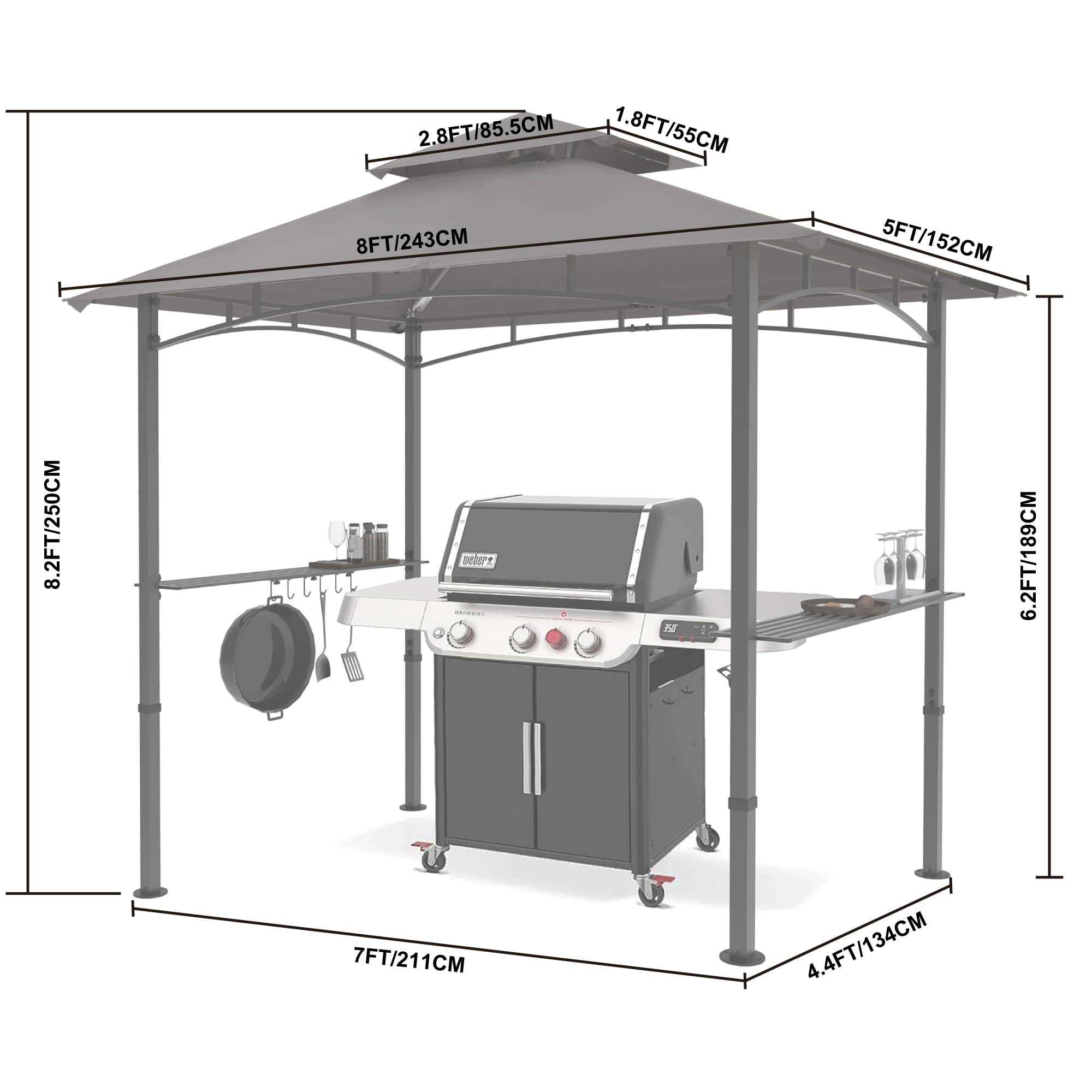 MASTERCANOPY 8x5 FT Outdoor Grill Gazebo with 2 LED Lights - Waterproof BBQ Canopy Shelter for Patio, Backyard, and Camping (Gray)