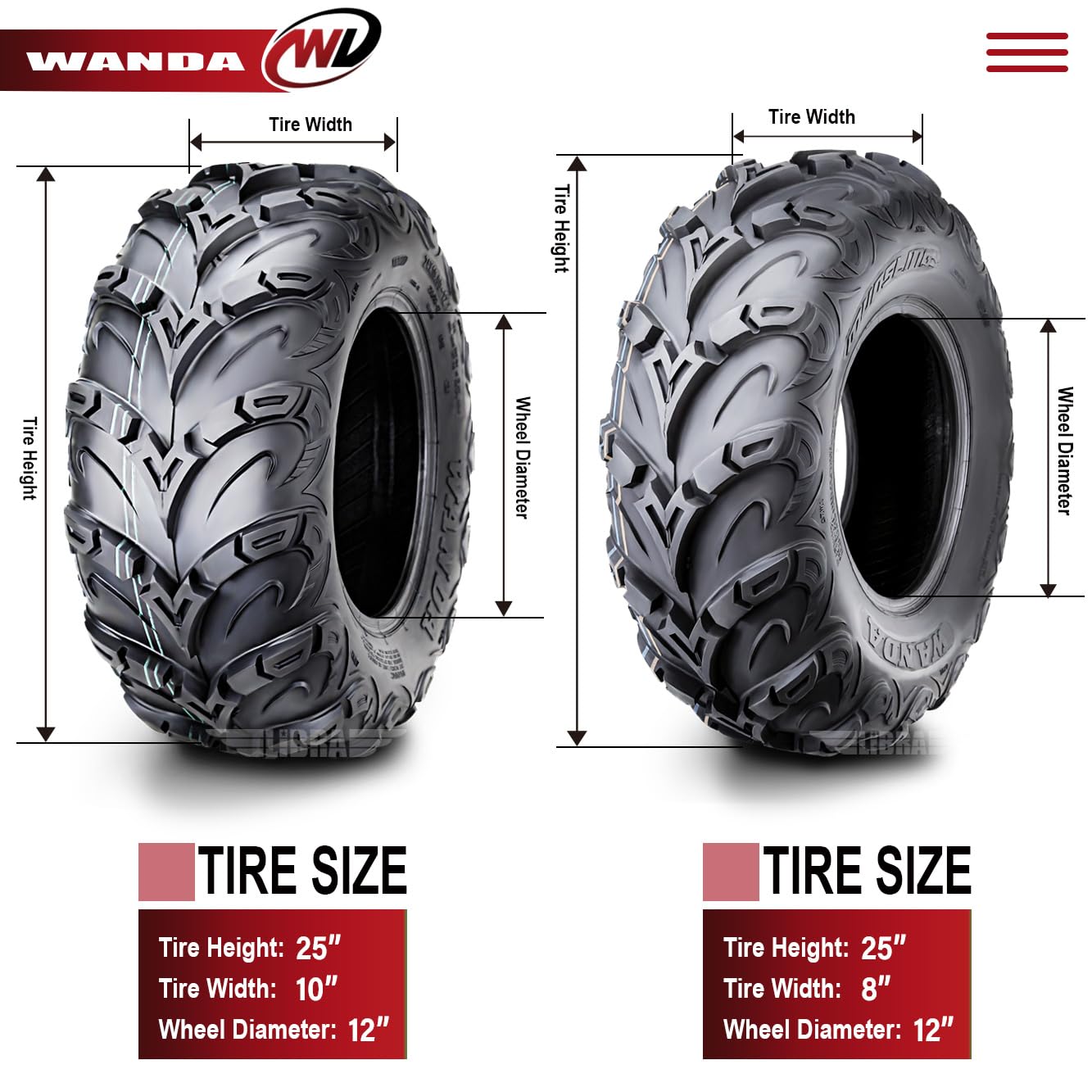 WANDA 8-Ply Mud Sling ATV Tires 25X8X12 & 25X10X12 - Compatible with 12-19 John Deere Gator XUV 550 560 590 - Perfect for Off-Roading, Farm Work & Mud Terrain Adventures