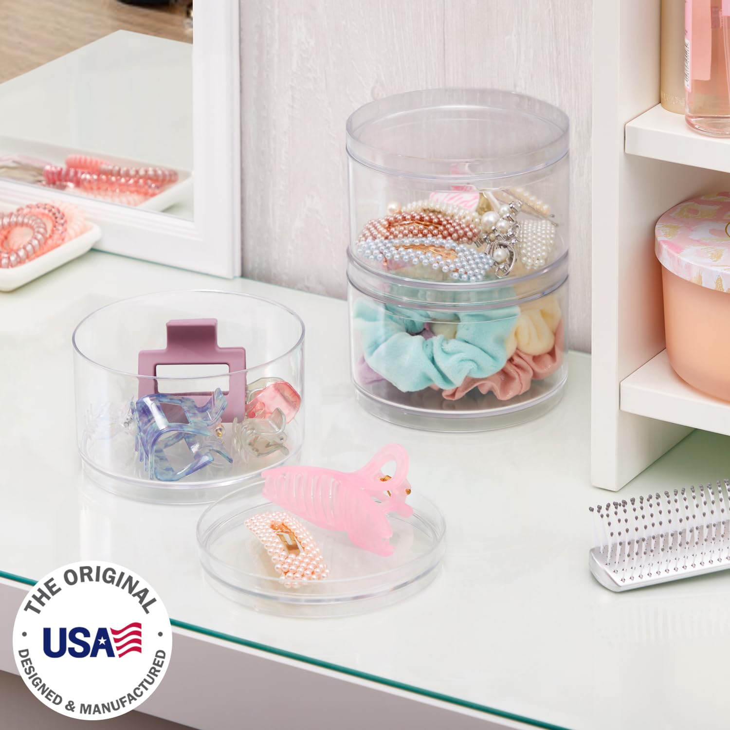 STORi Bella 3-Piece Stackable Clear Plastic Storage Containers with Lids | Round Vanity Organizer for Hair Accessories, Makeup & Beauty Supplies | Bathroom Countertop & Dresser Organization | Made in USA