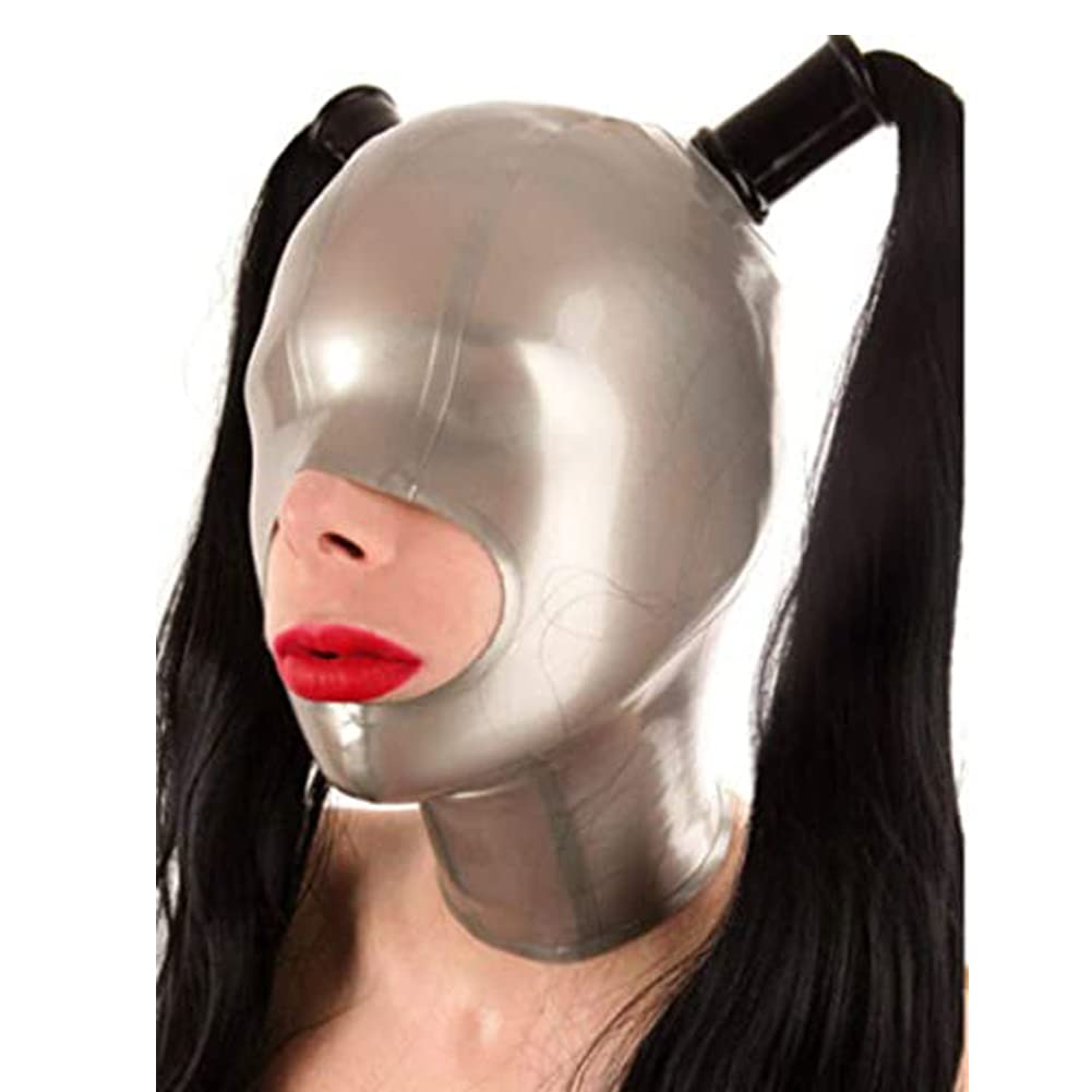 Sexy Silver Latex Hood Mask for Women - Open Nose & Chin Design with Double Ponytail Wigs - Perfect for BDSM, Cosplay, Fetish Parties & Halloween Costumes