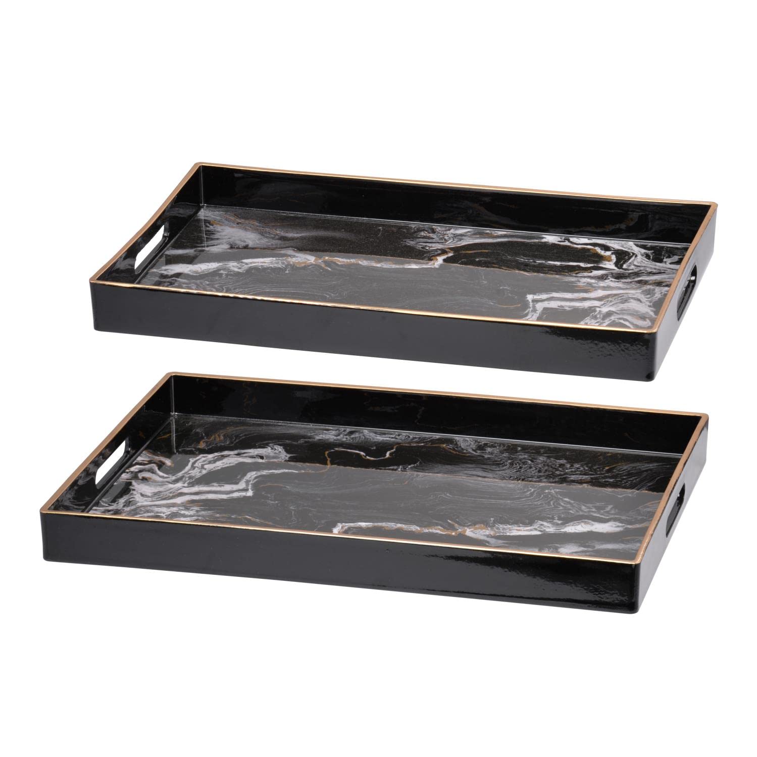 A and B Home Set of 2 Black Marbled Effra Rectangular Serving Trays - Large 19x14in & Small 18x12in - Perfect for Dining, Entertaining, and Kitchen Organization