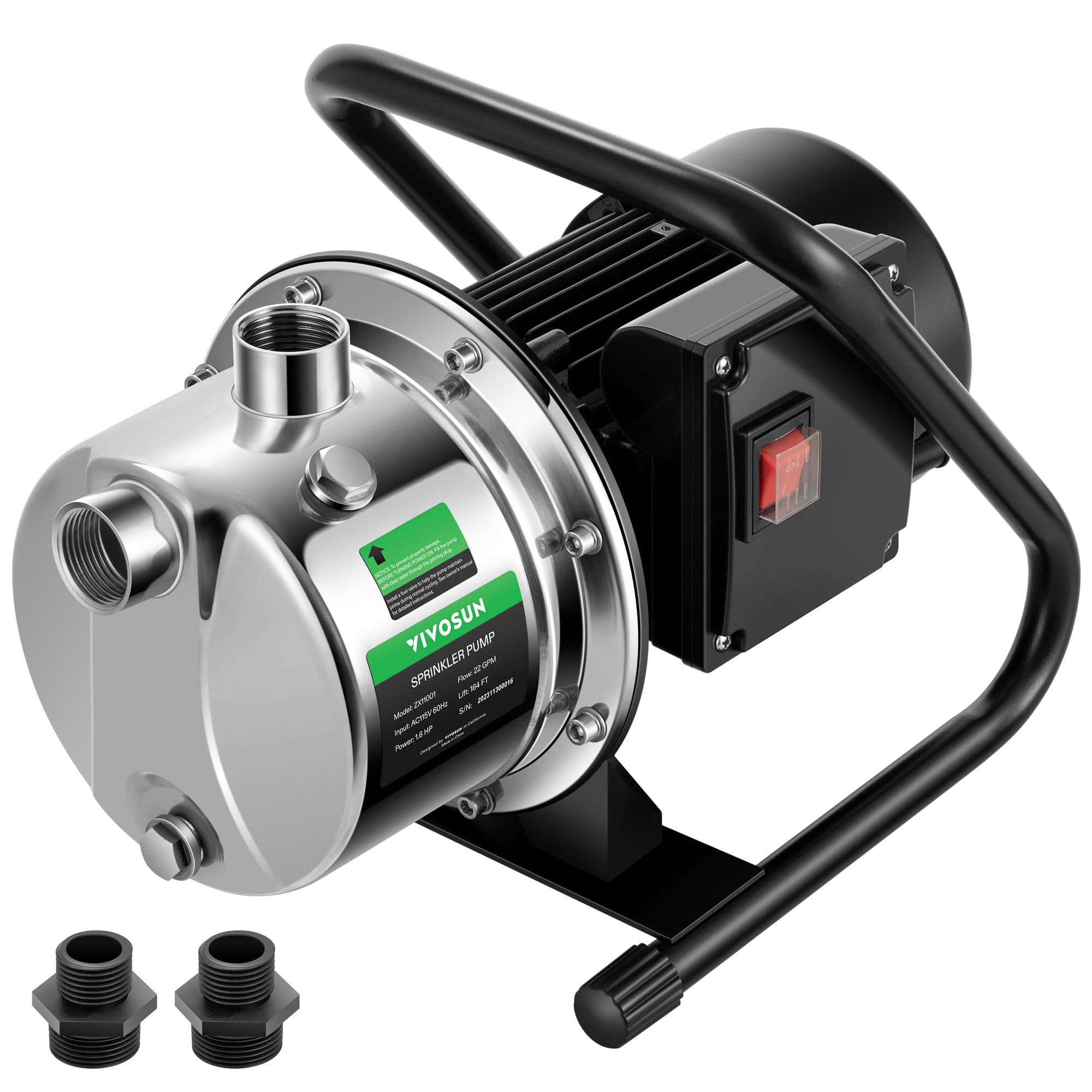 VIVOSUN 1.6HP Shallow Well Pump - 1320GPH High Flow Portable Water Pump with 2 Adapters | Stainless Steel Garden Pump for Lawn Sprinkling, Yard Watering & Farm Irrigation | Ideal for Home Gardens, Agricultural Use & Water Transfer