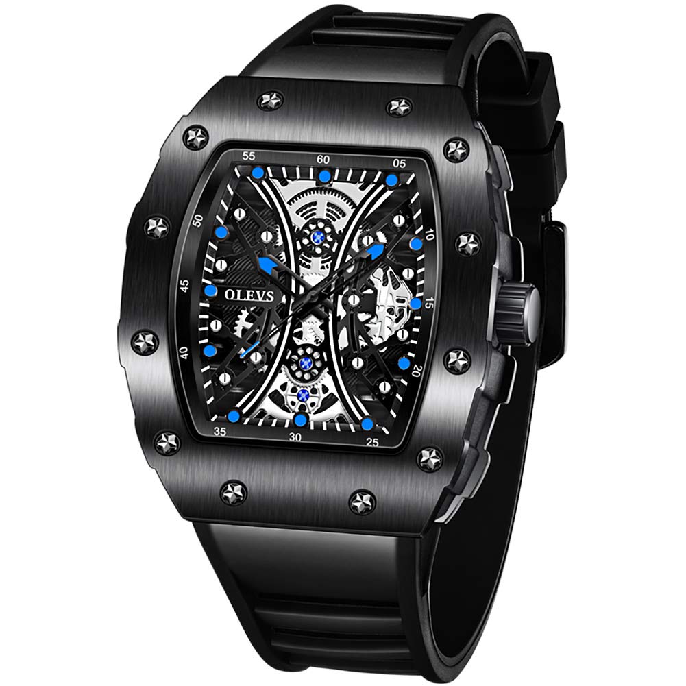 OLEVS Men's Luxury Designer Watch - Big Face Punk Style Rectangle Case Quartz Wristwatch with Silicone Band (Black) - Perfect for Business, Casual & Sports Wear