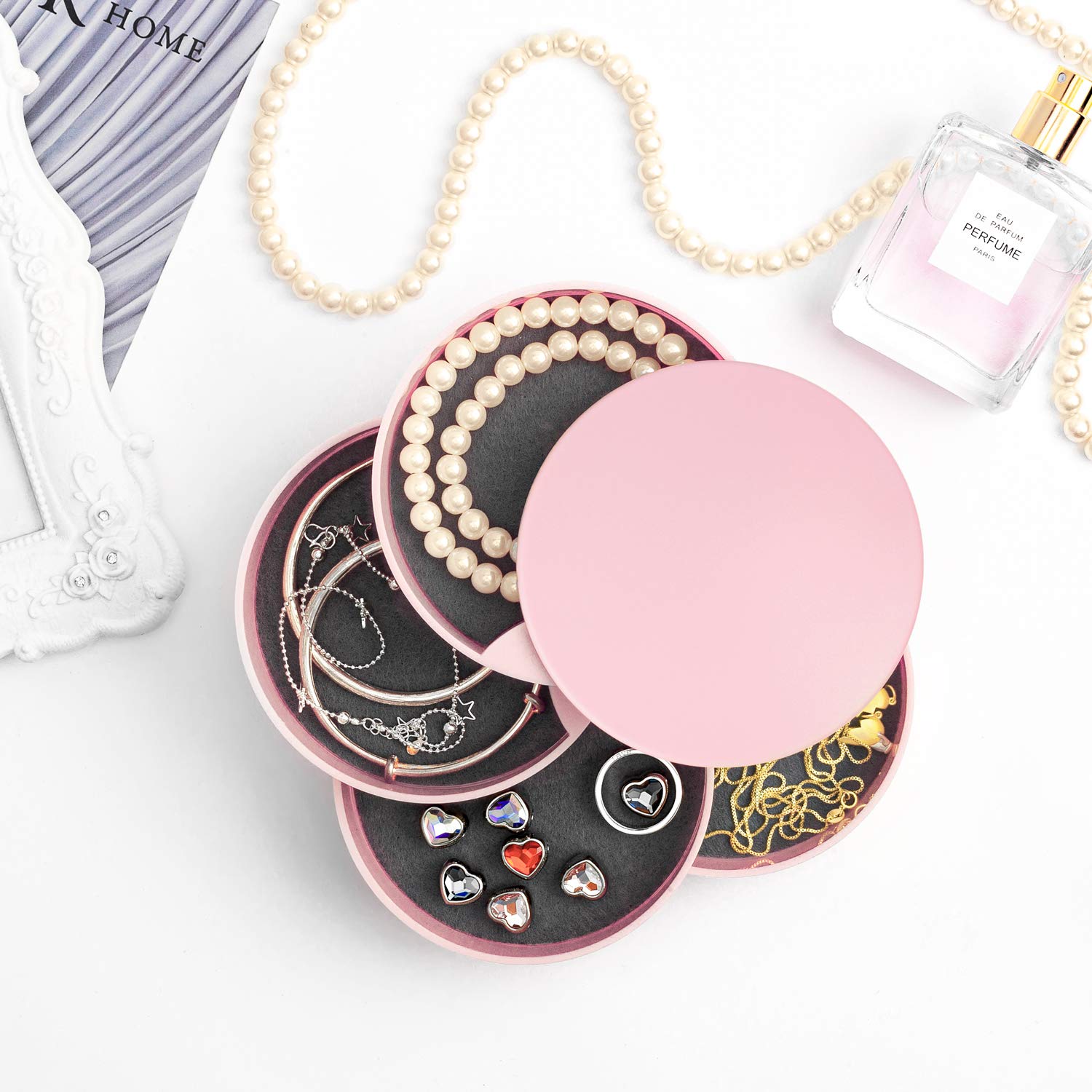 HengLiSam 4-Layer Rotating Jewelry Organizer Box with Lid - Premium Jewelry Storage for Earrings, Rings, Bracelets & Accessories | Perfect for Travel, Vanity & Gift Giving