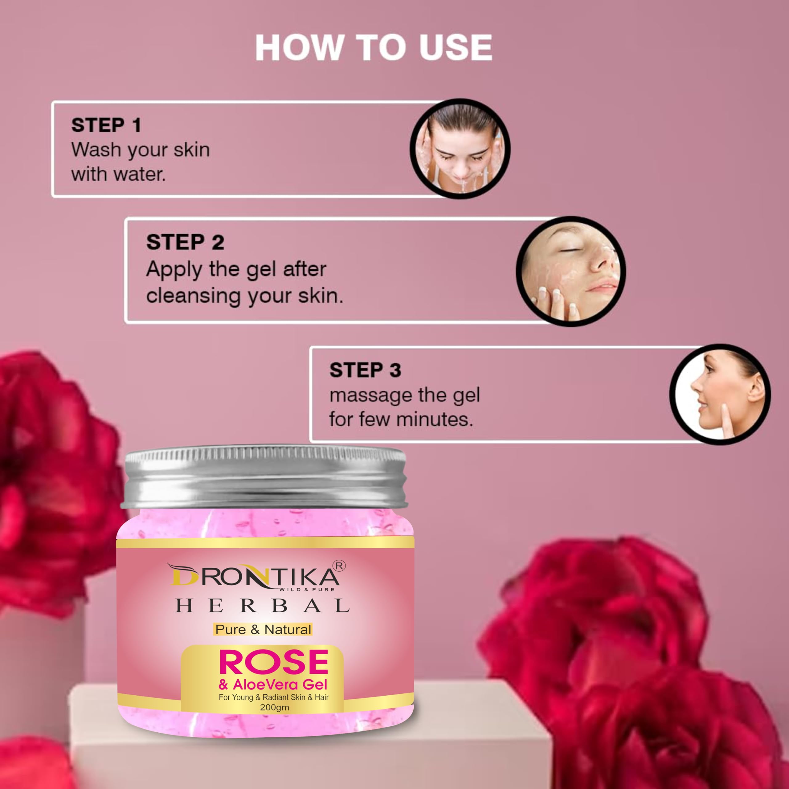 Drontika Herbal Rose Multipurpose Gel for Skin & Hair Care - Hydrating & Soothing with Hyaluronic Acid, Hibiscus, Aloe Vera & Rose Extract | Vegan, Cruelty-Free, 200g | Perfect for Dry Skin, Hair Mask & After-Sun Care