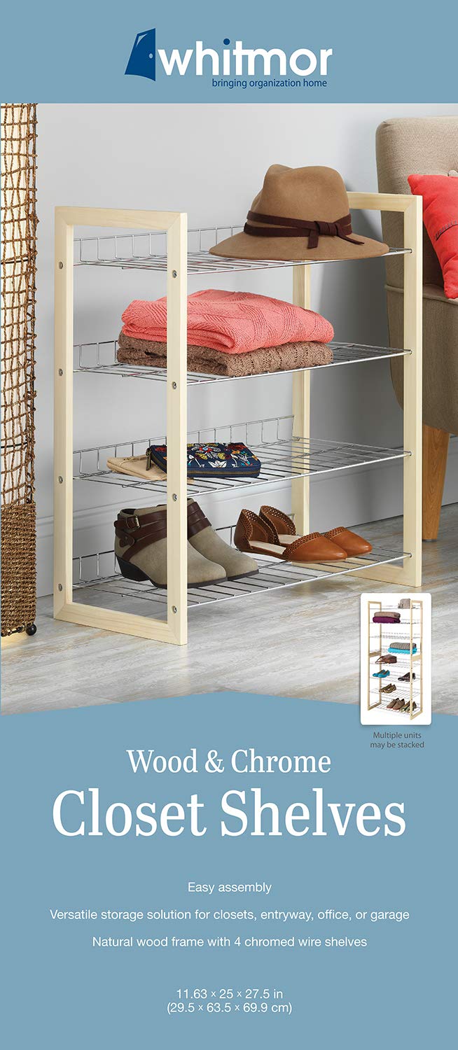 Whitmor 4-Tier Wood and Chrome Closet Shelf Organizer - Space-Saving Storage for Bedroom, Closet, and Laundry Room