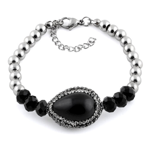 Stainless Steel Black Oval Stone CZ Bracelet for Women - Elegant Cubic Zirconia Jewelry Gift for Anniversary, Birthday & Special Occasions
