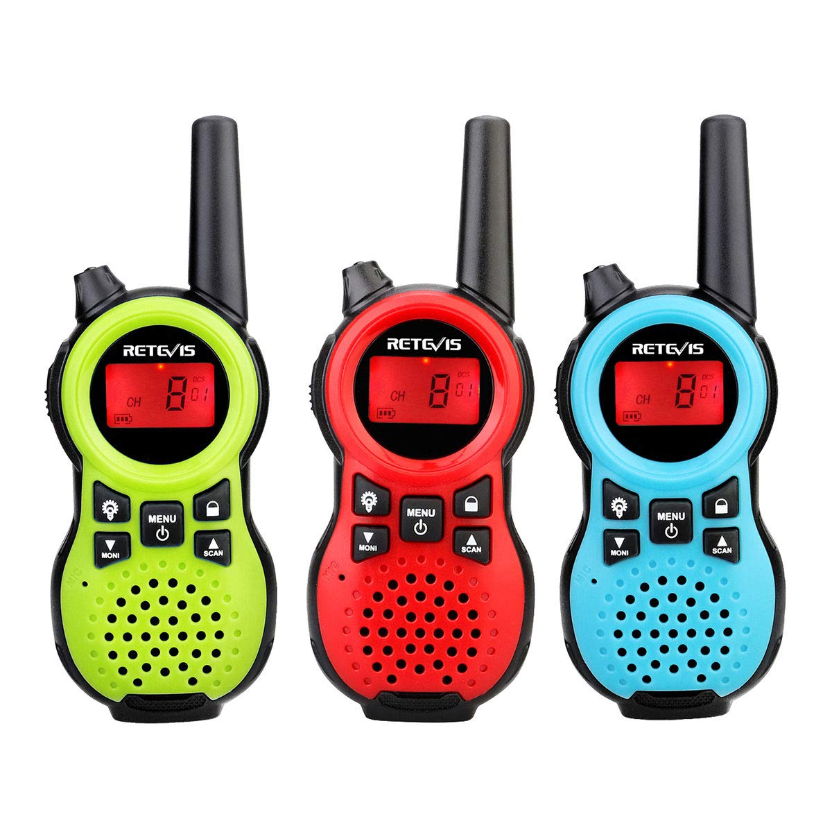 Retevis RT38 Walkie Talkies 3 Pack - Long Range 2 Way Radio with 22 Channels, USB Port & VOX Hands Free - Compact FRS Radios for Family, Camping, Hiking, Travel (Red, Blue, Green) - Perfect for Outdoor Adventures, Emergency Communication & Group Activities