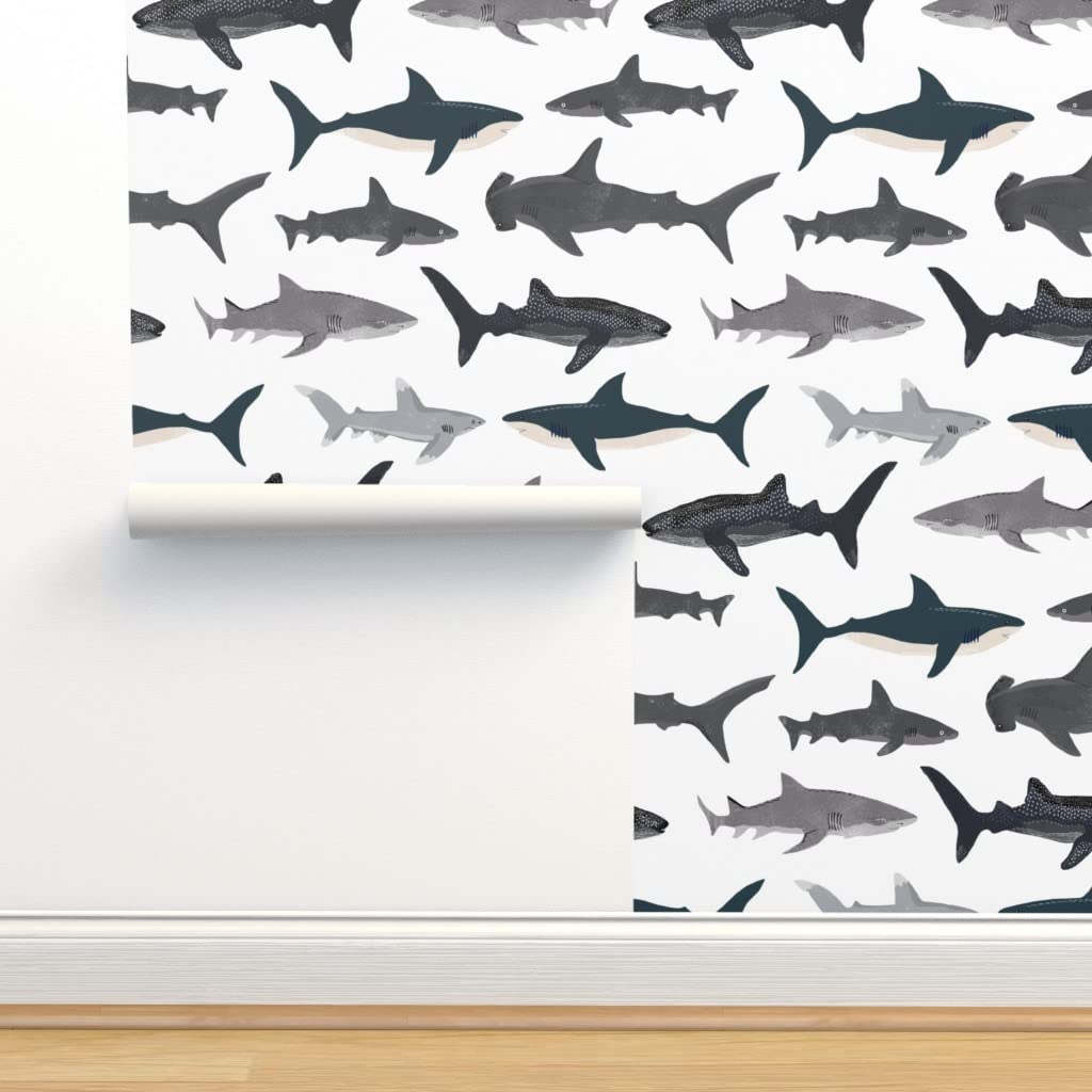 Custom Removable Shark Peel & Stick Wallpaper - 12ft x 2ft Nautical Ocean Theme in White, Gray & Navy | Perfect for Baby Boy Nursery, Kids Room & Coastal Home Decor