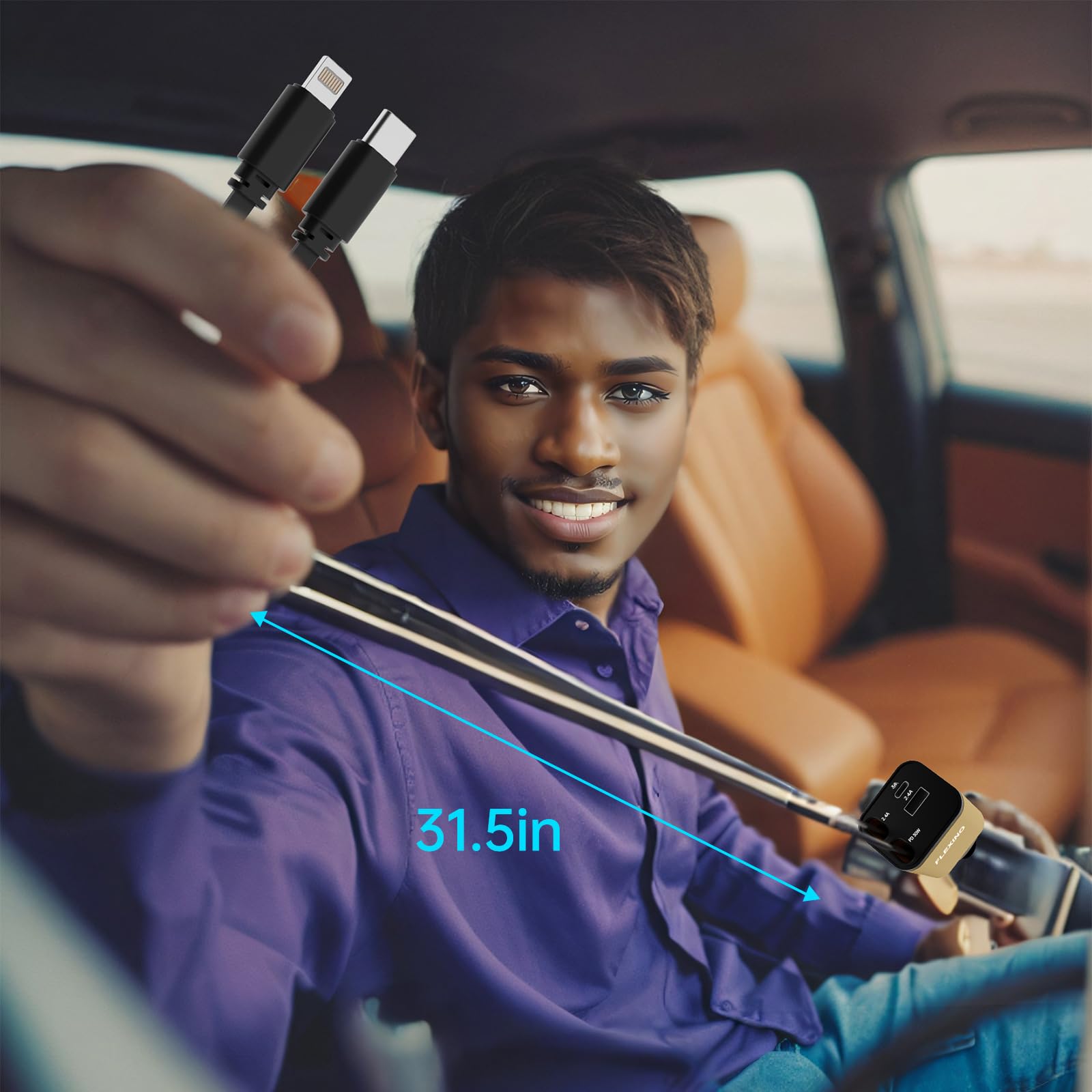 Flexino 69W 4-in-1 Retractable Car Charger with USB-C - Fast Charging for iPhone 16/15/14/13/12 & Samsung - Compact & Golden Design - Perfect for Road Trips & Daily Commutes