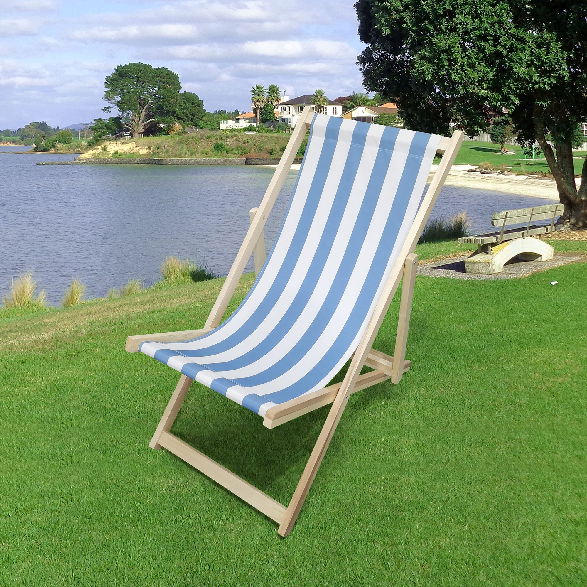 Adjustable Folding Beach Sling Chair - Lightweight Outdoor Lounge Chair for Poolside, Lawn, Garden & Patio - Blue Stripe Design - Perfect for Relaxing in Backyard, Beach Vacations & Summer Outdoor Activities