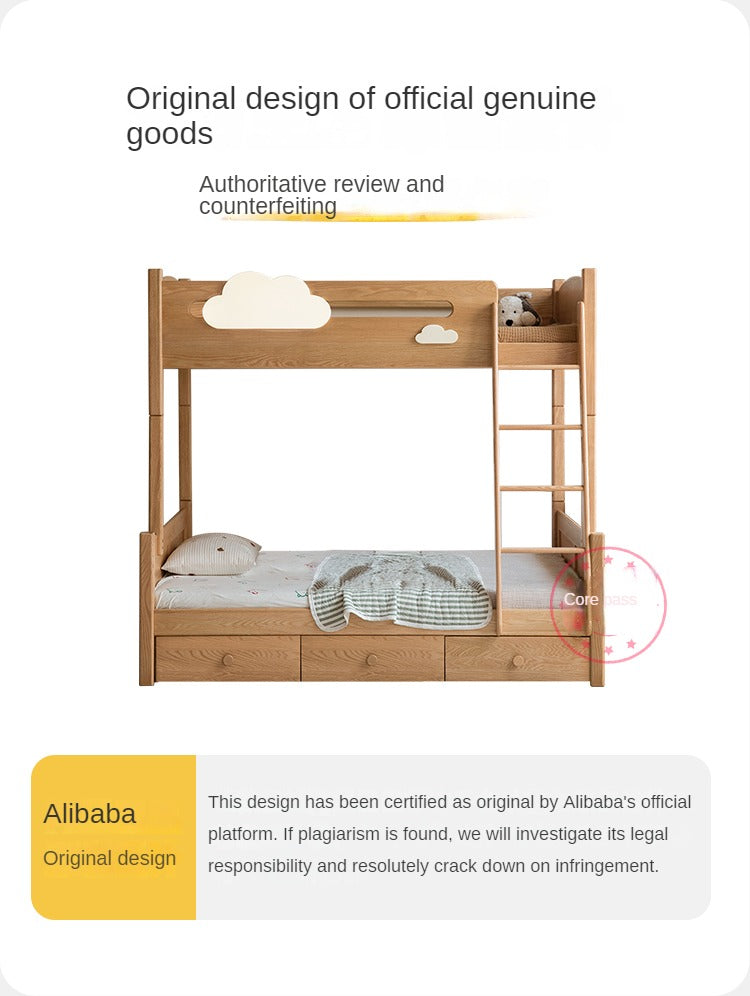 Solid Oak Wood Multi-Functional Bunk Bed with Ladder & Guardrails - Space-Saving Kids Bedroom Furniture for Siblings or Sleepovers