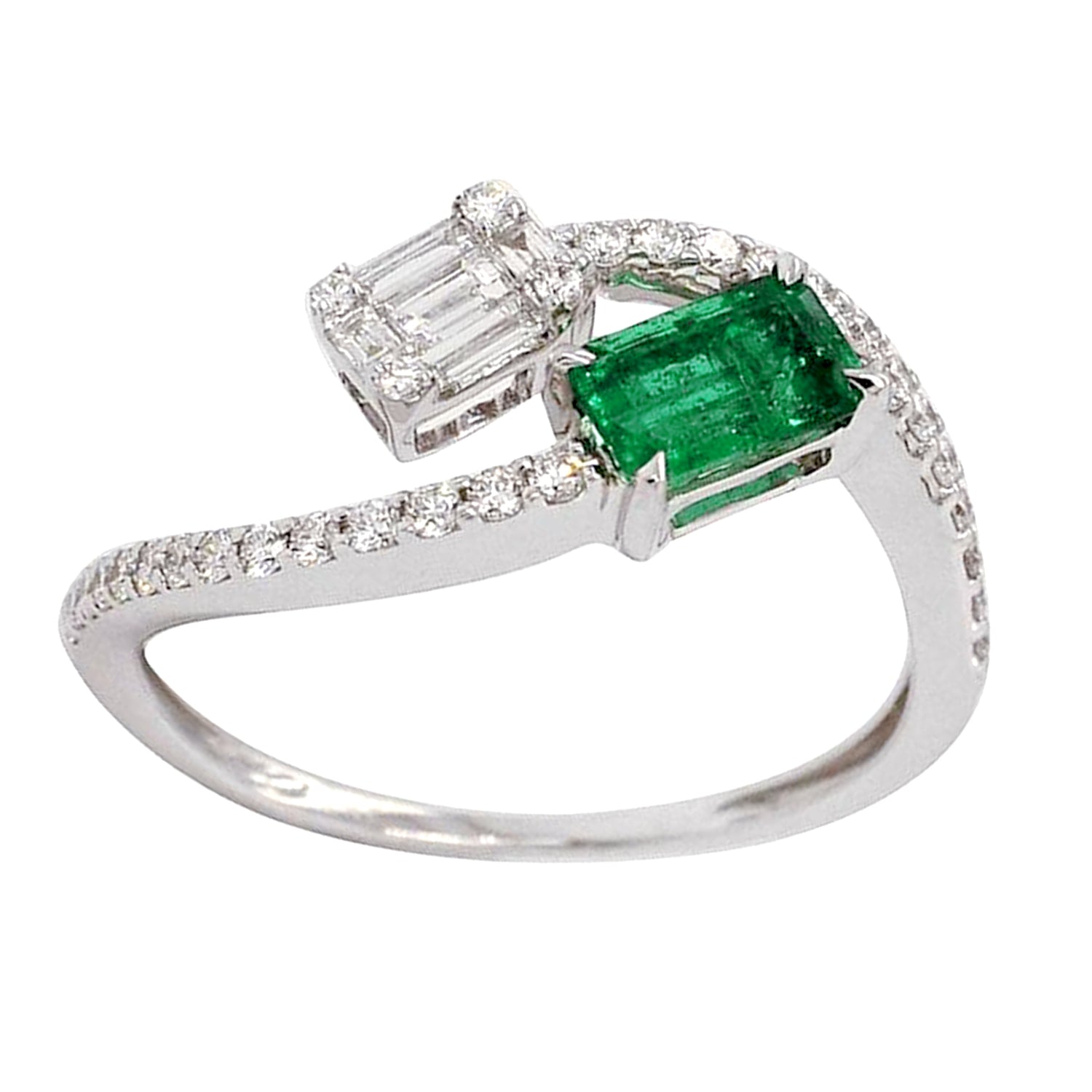 18K White Gold Baguette Emerald and Diamond Between the Finger Ring | Elegant Stackable Ring for Women, Perfect for Weddings, Parties, and Everyday Wear