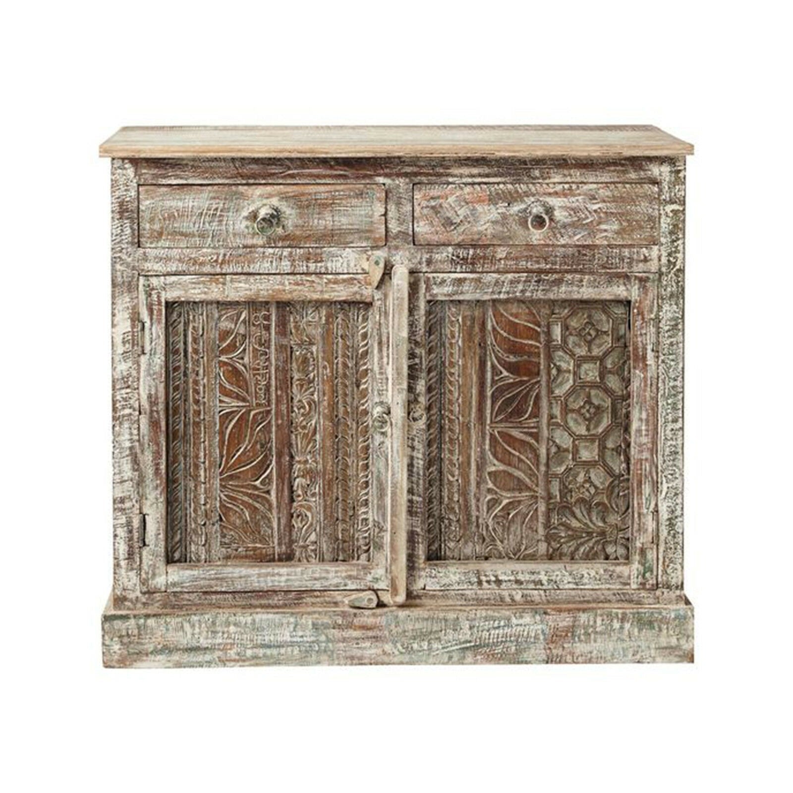 Hand Carved Solid Wood Sideboard with Whitewash Finish - Rustic Farmhouse Dining Room Buffet for Home Decor & Storage