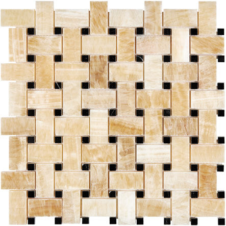 Premium Honey Onyx Stone Basketweave Mosaic Tile with Black Dots - Polished Finish for Bathroom Walls, Kitchen Backsplash & Flooring Decor