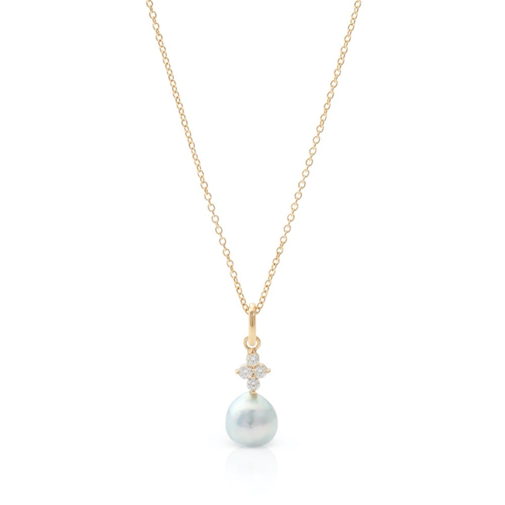 Blue Akoya Pearl & Diamond Drop Pendant Necklace - 14K Gold Jewelry for Women - Elegant Gift for Wedding, Anniversary & Special Occasions