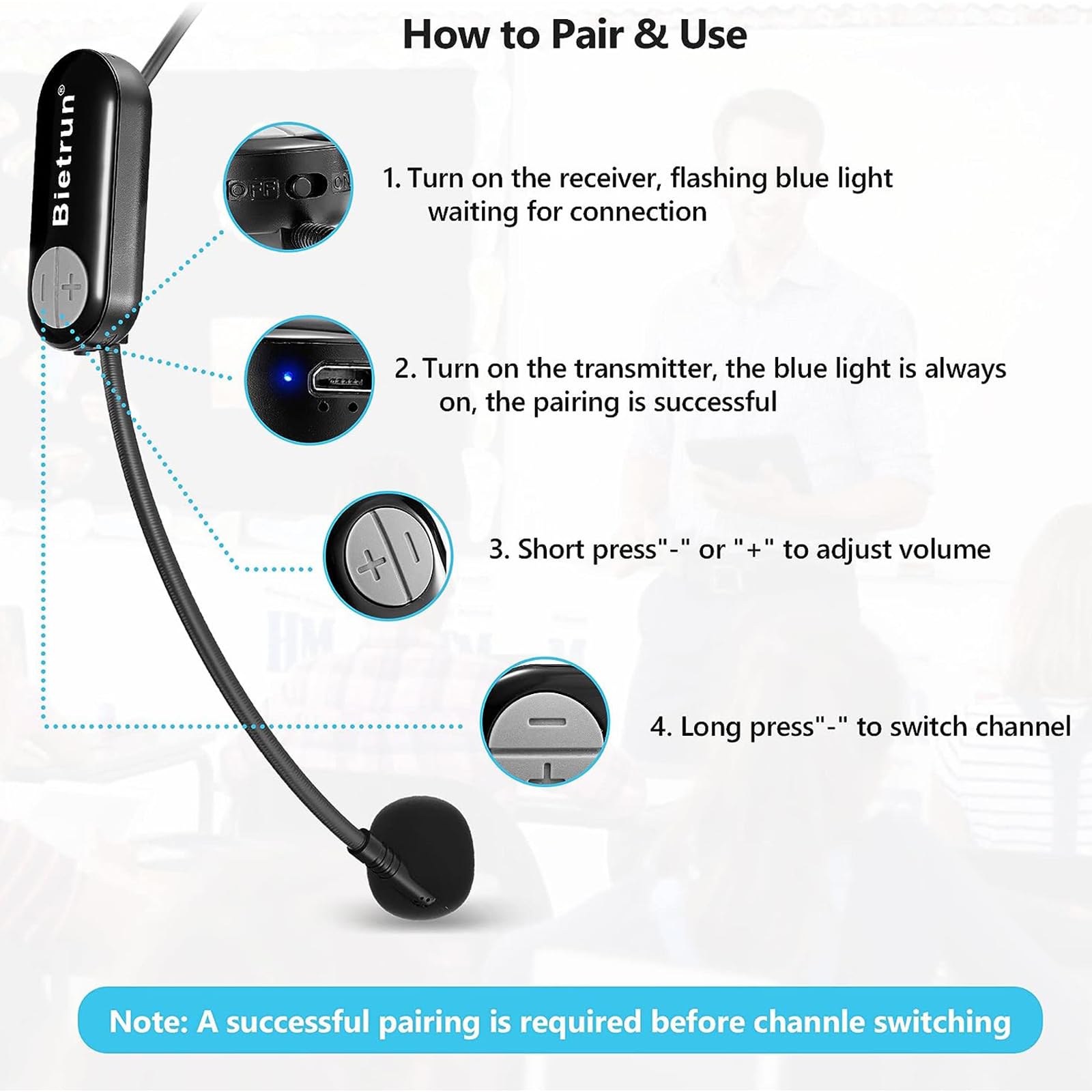 Bietrun UHF Wireless Microphone Headset with 1/4'' Plug, 165ft Range, 2-in-1 Headset & Handheld Mic for Karaoke, Amplifiers, PA Systems, Teaching, Fitness, Church Services, and Outdoor Events (Black)